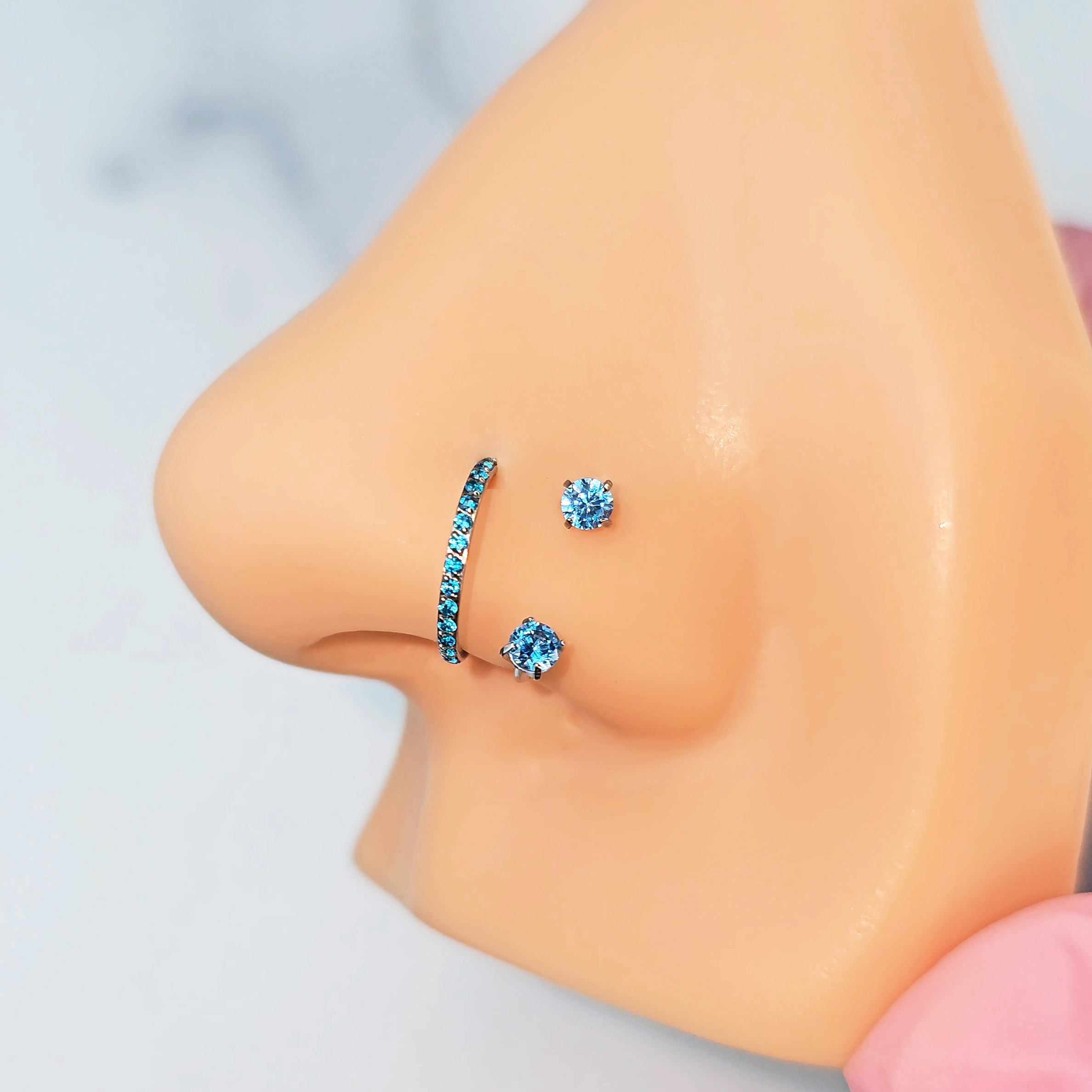 Aqua Smiley Piercing Nose Rings Titanium Micro Gem U Hoop Nose Ring Set