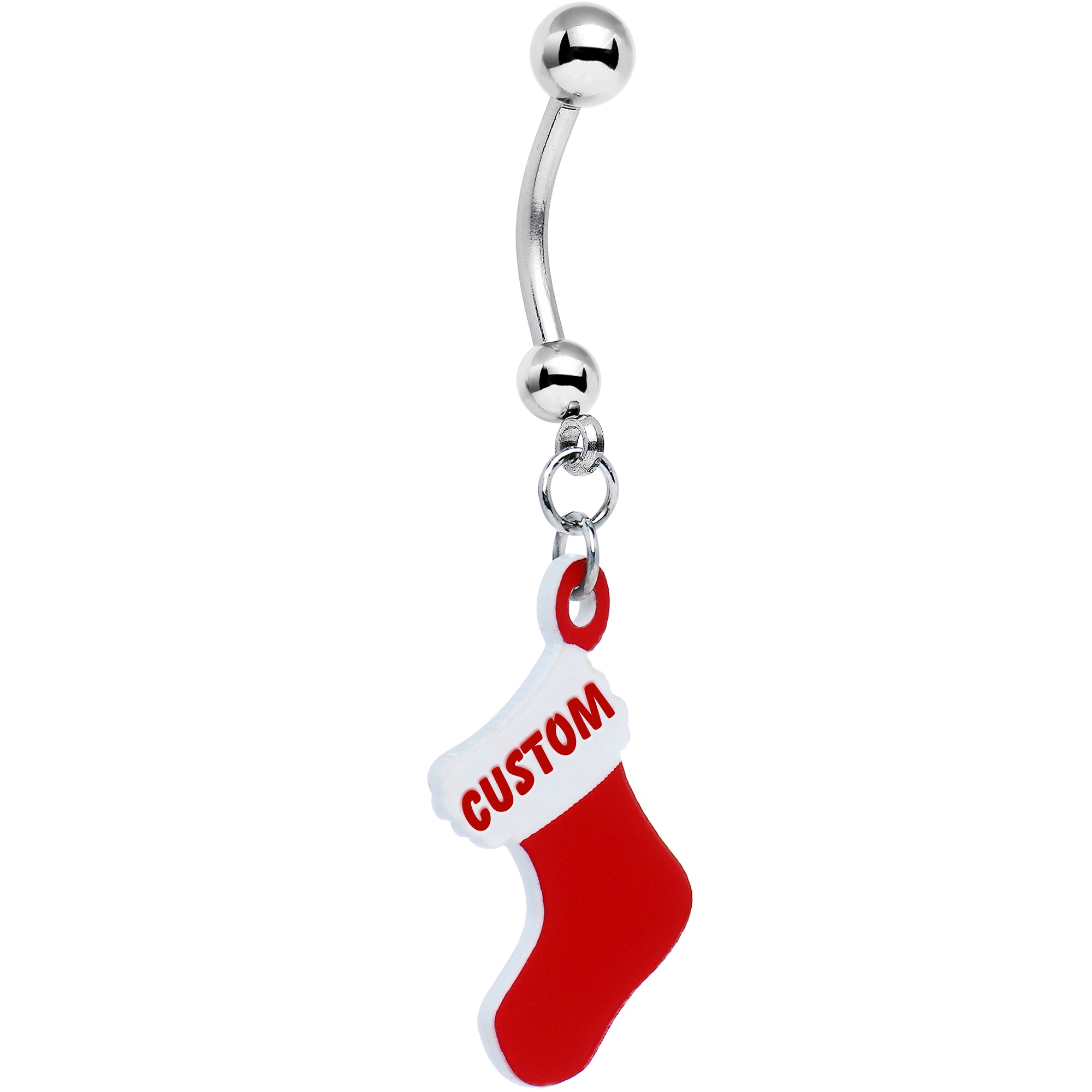 Custom Red White Christmas Stocking Personalized Dangle Hypoallergenic Stainless Steel Belly Ring