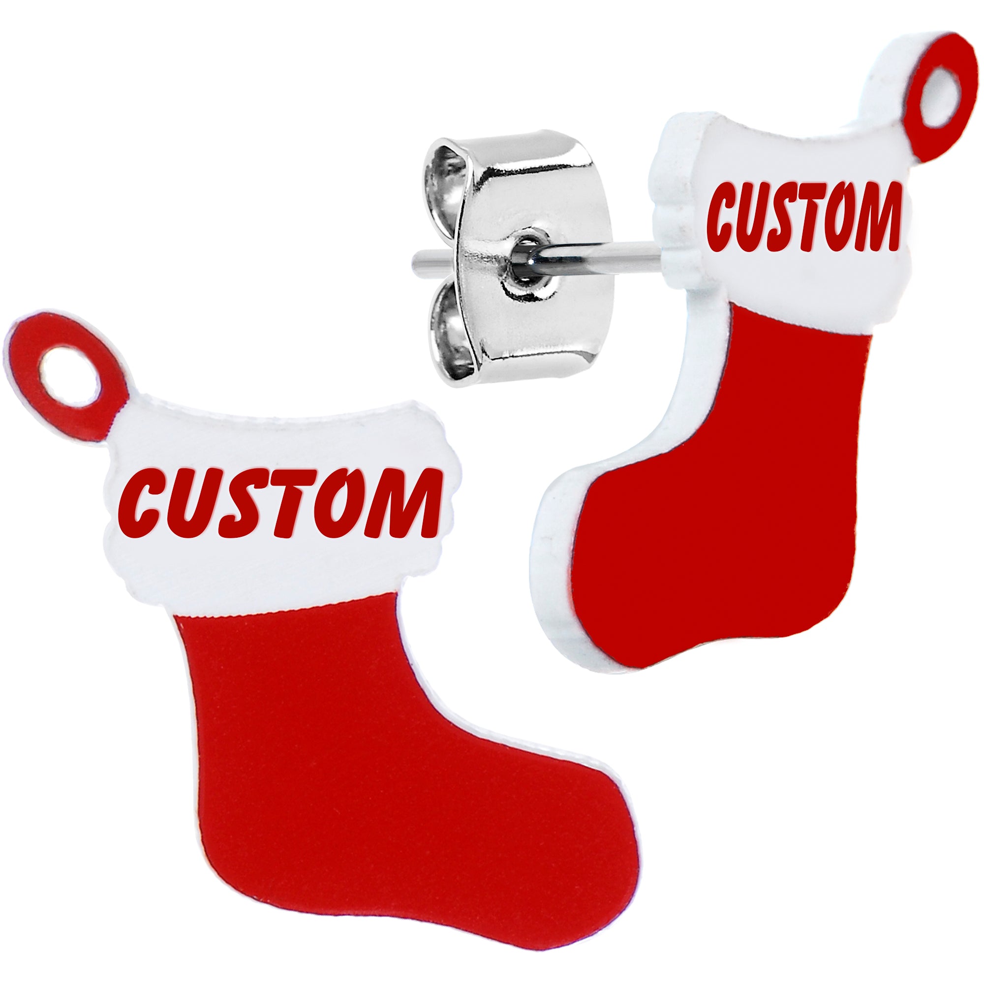 Custom Holiday Christmas Stocking Personalized Name Hypoallergenic Stainless Steel Stud Earrings
