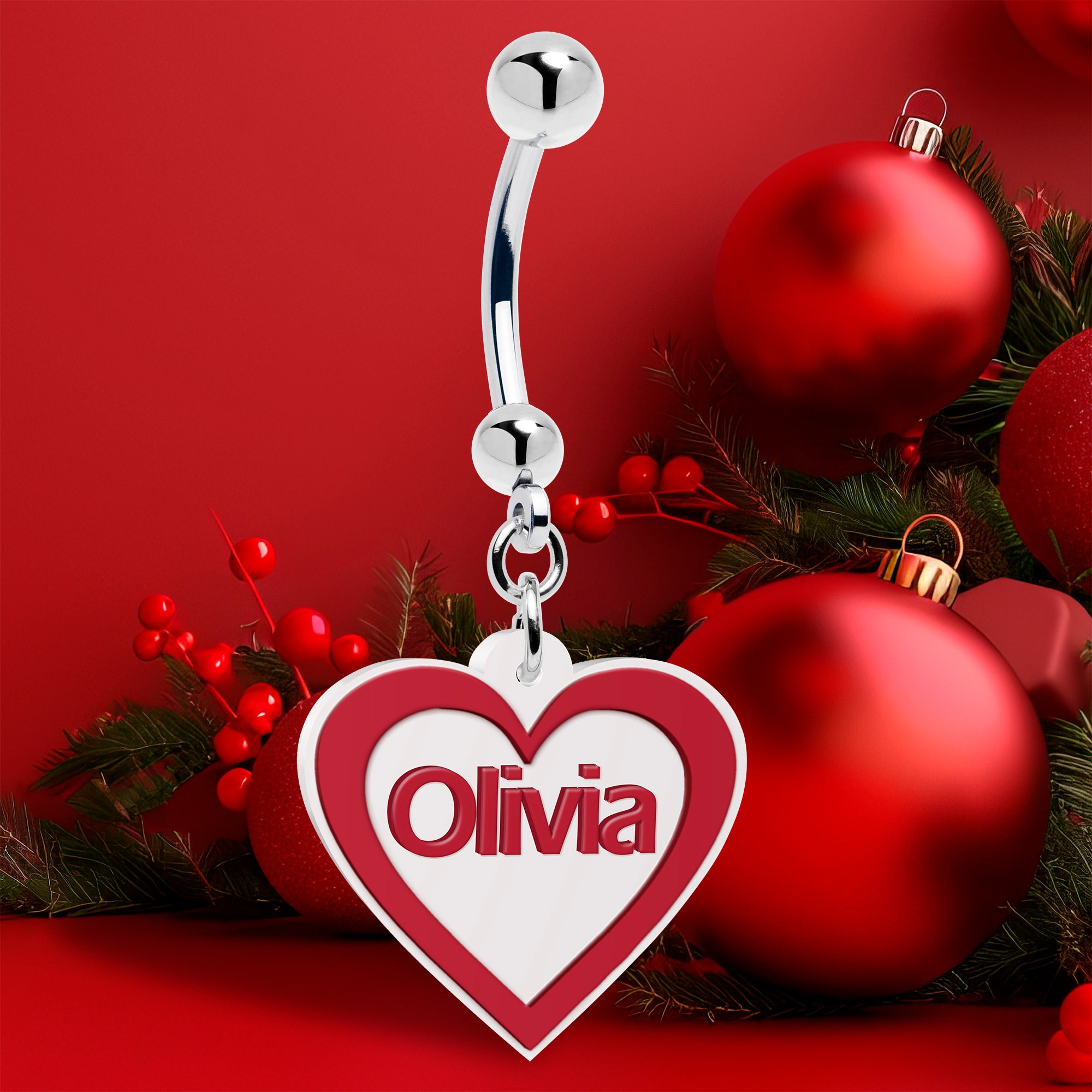 Custom Red White Valentines Day Heart Personalized Dangle Belly Ring