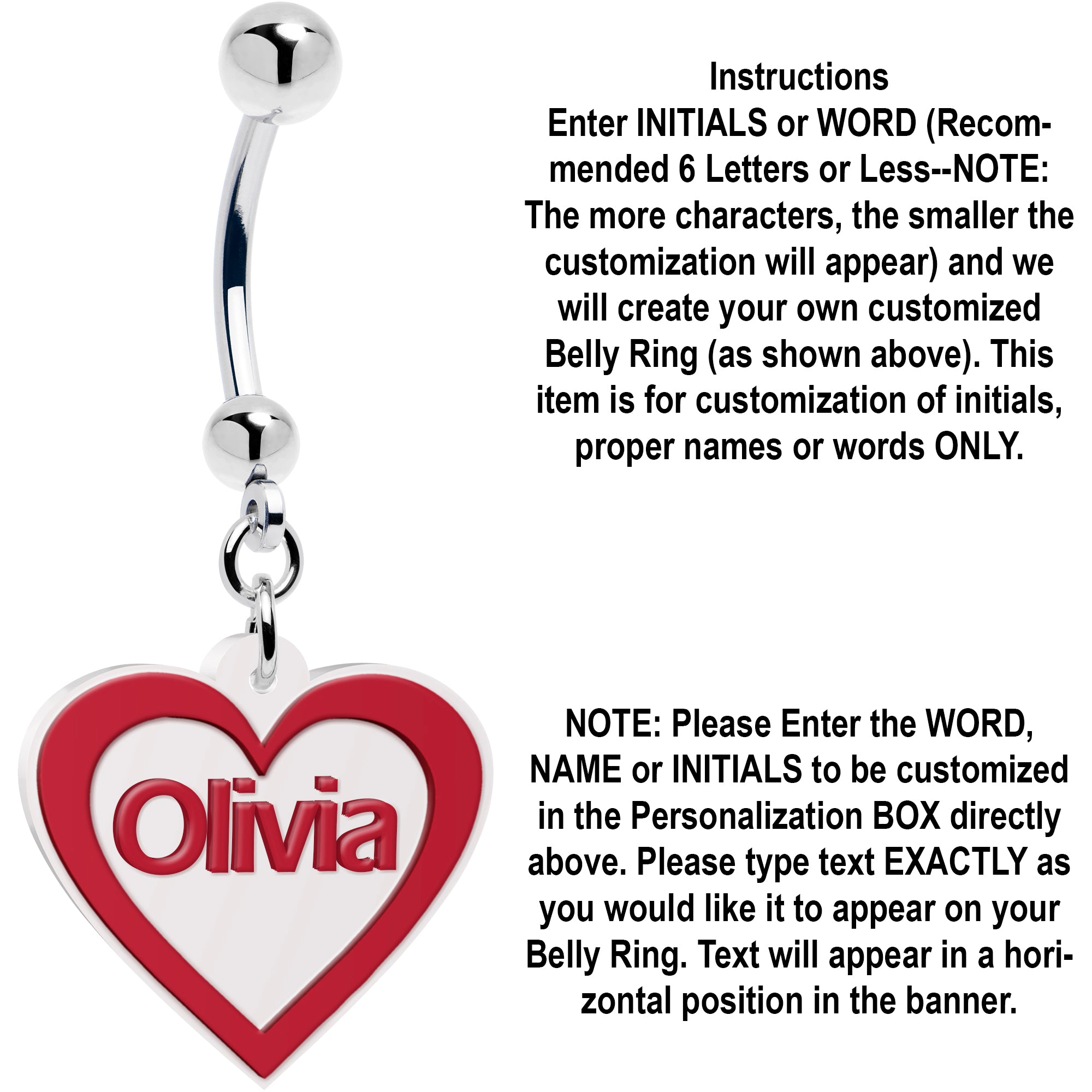 Custom Red White Valentines Day Heart Personalized Dangle Belly Ring