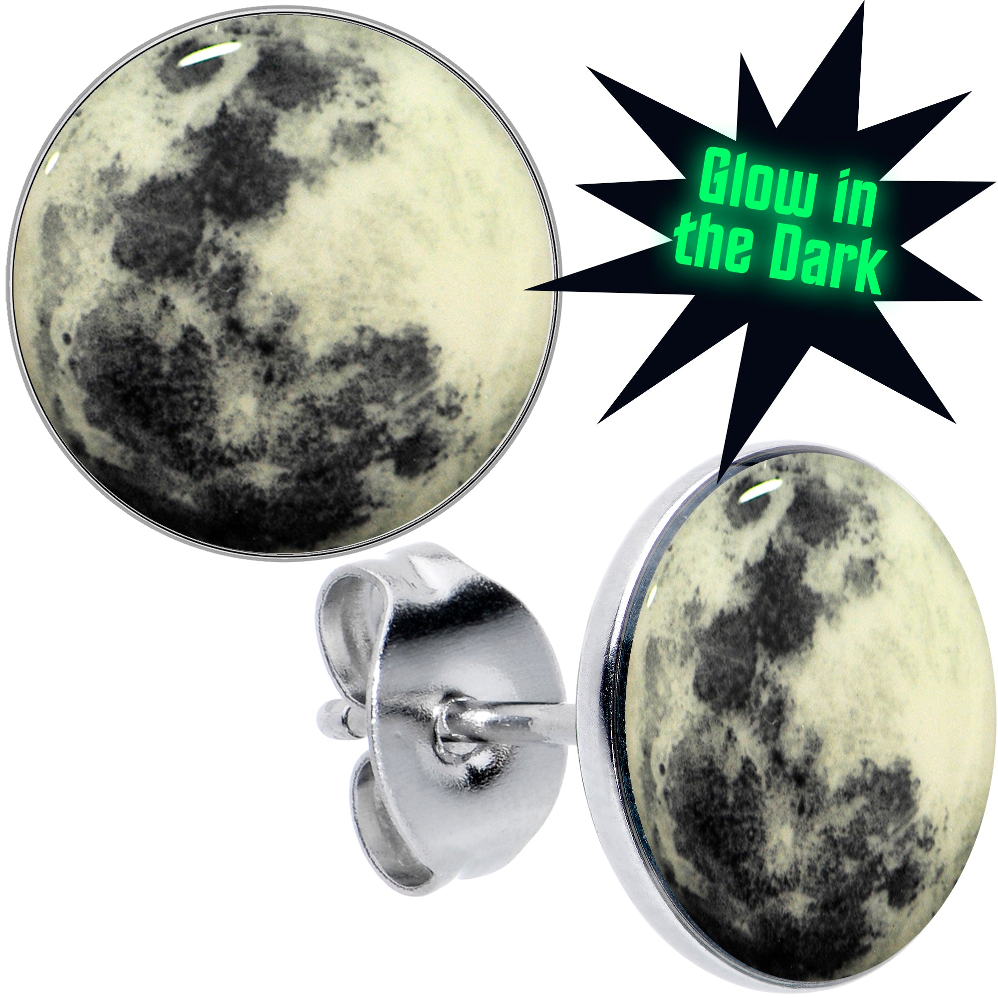 Moon Glow in the Dark Hypoallergenic Stainless Steel Stud Earrings