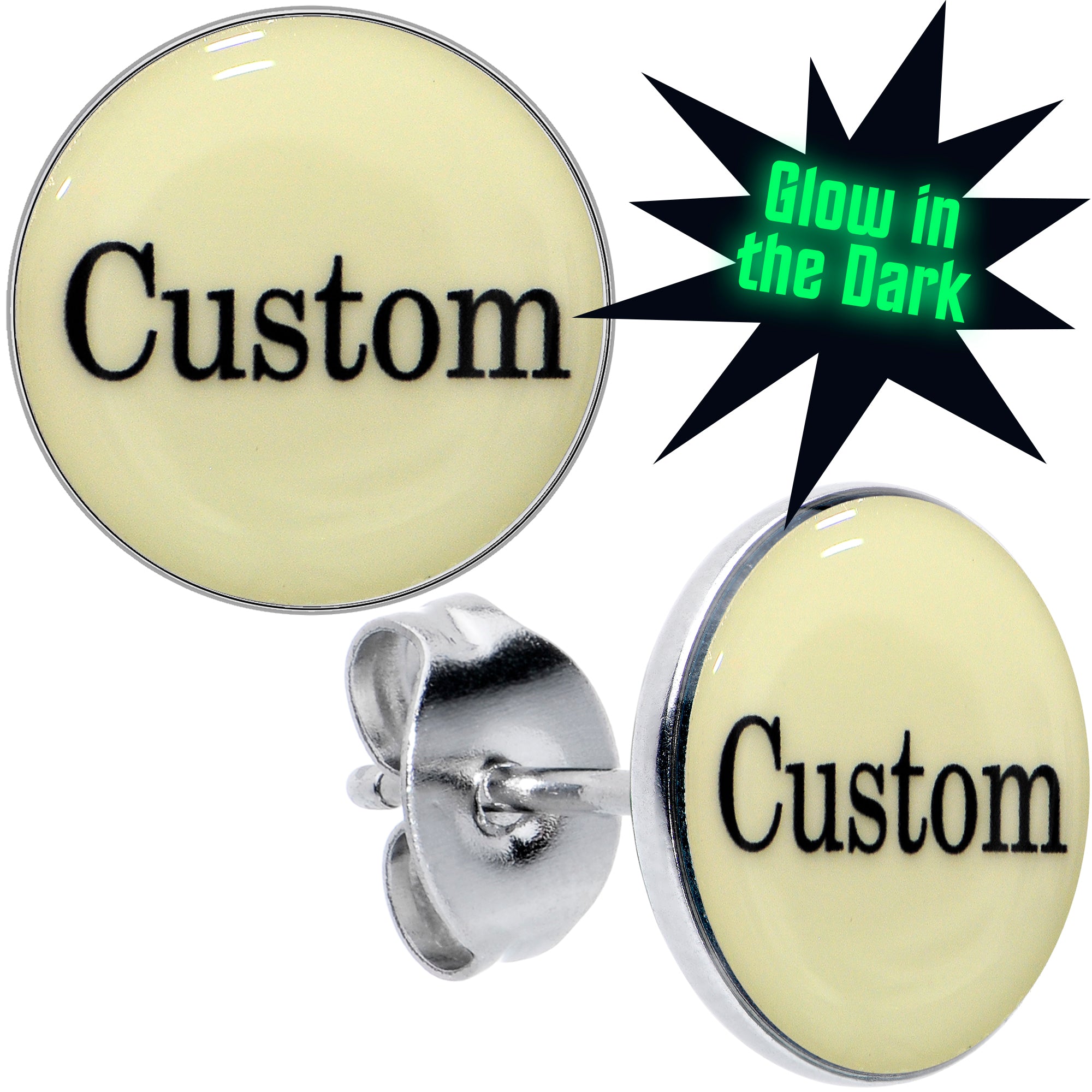 Custom Personalized Glow in the Dark Hypoallergenic Stainless Steel Stud Earrings
