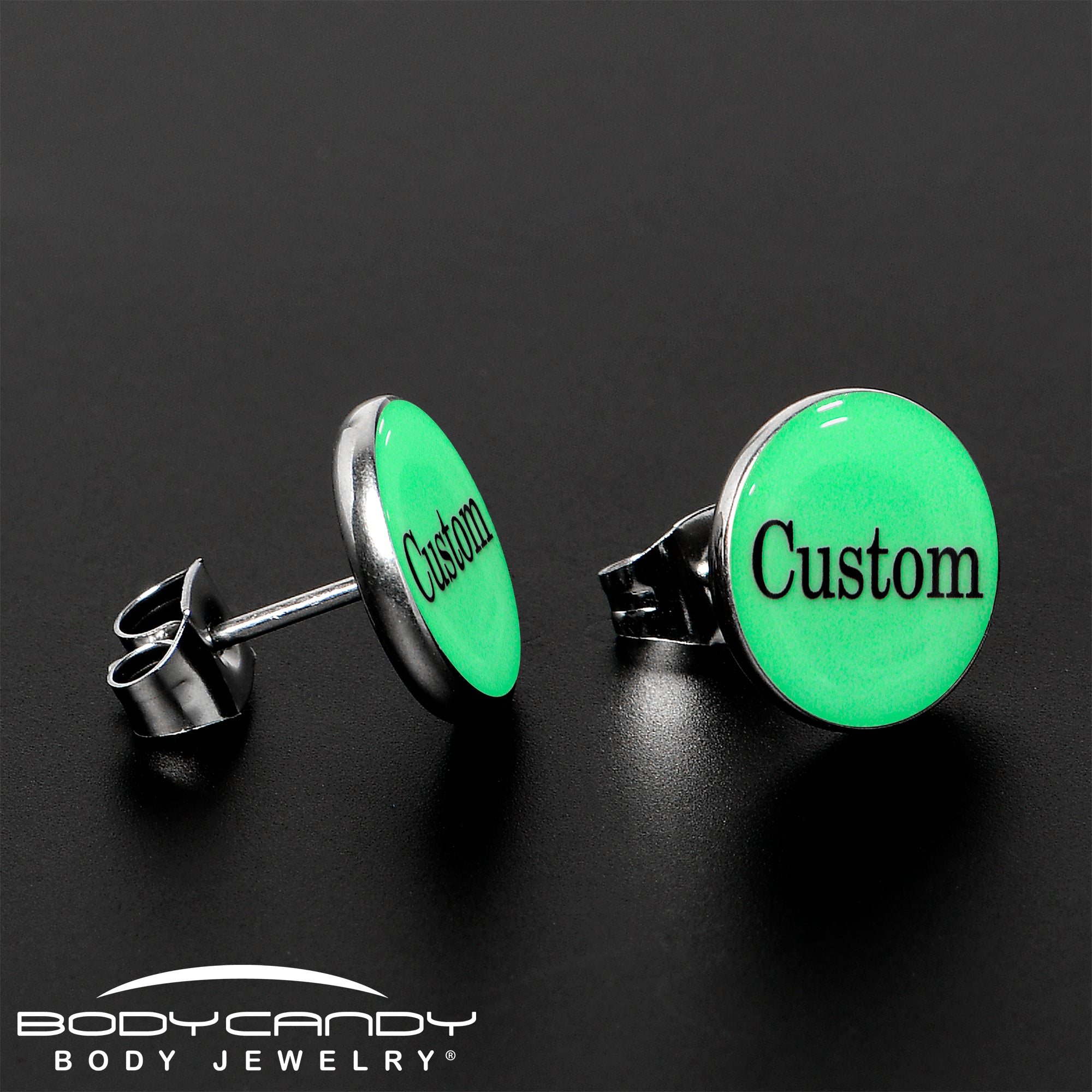 Custom Personalized Glow in the Dark Stainless Steel Stud Earrings perfect for sensitive ears