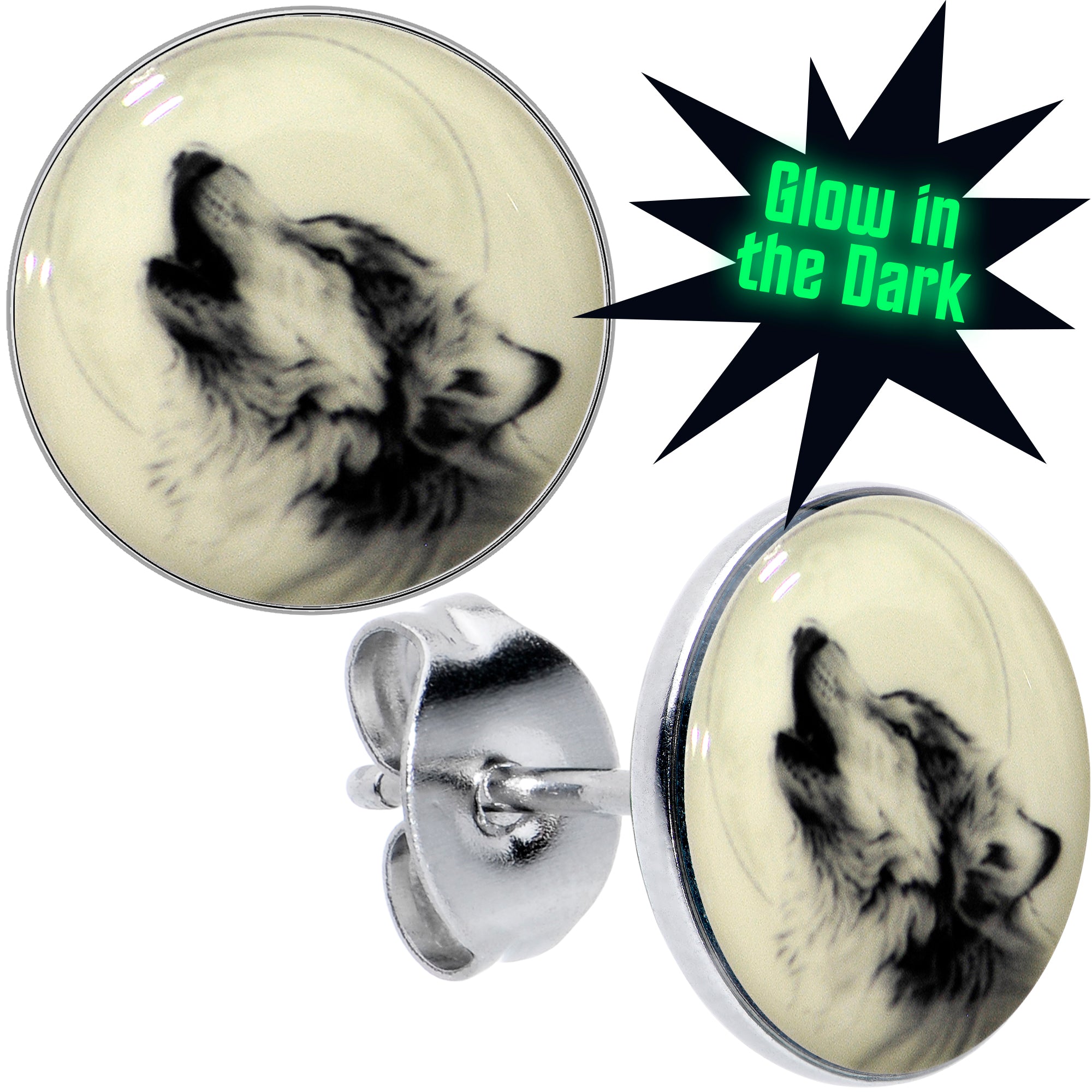 Glow in the Dark Howling Wolf Hypoallergenic Stainless Steel Stud Earrings