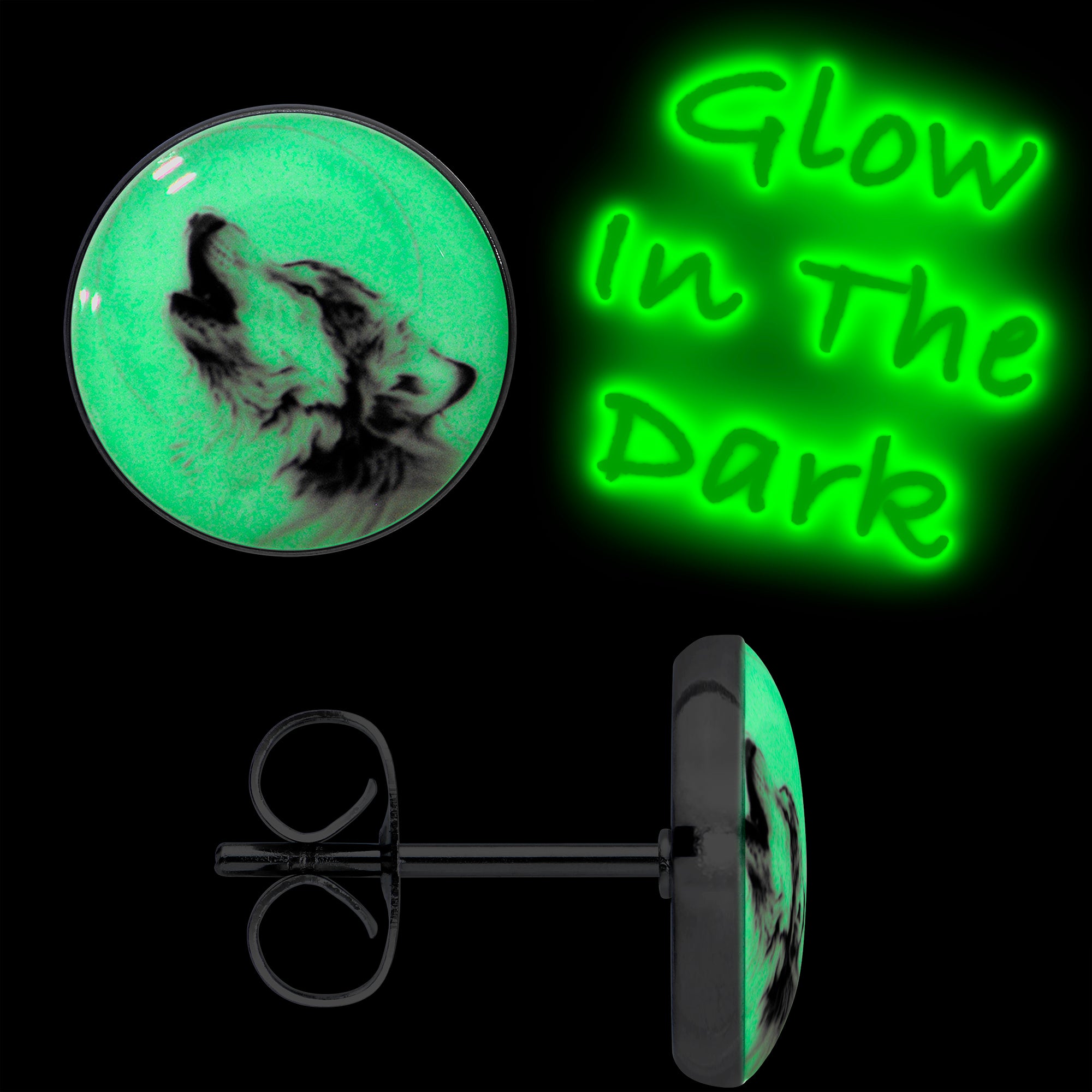 Glow in the Dark Howling Wolf Stainless Steel Stud Earrings handmade design
