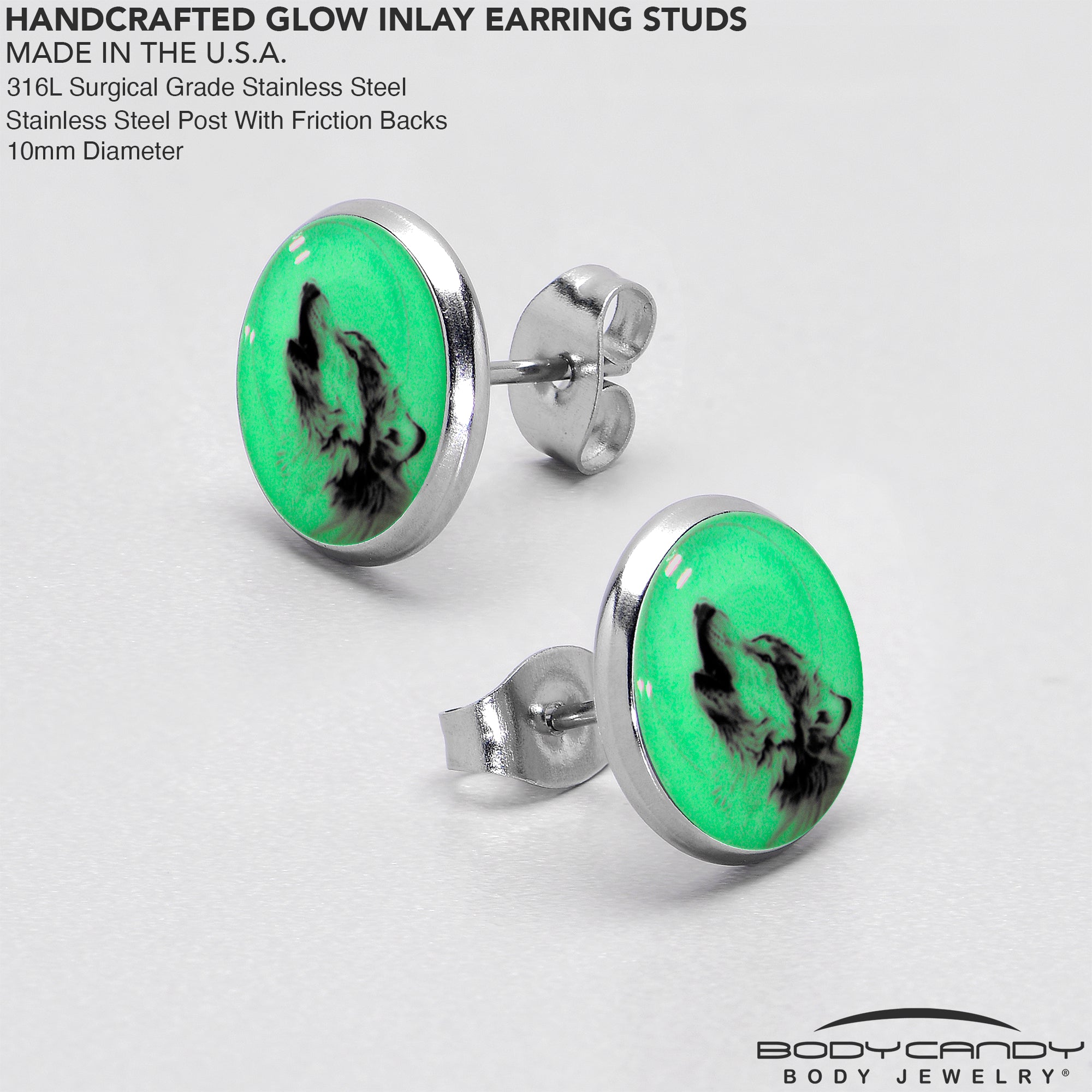 Glow in the Dark Howling Wolf Stainless Steel Stud Earrings perfect for sensitive ears