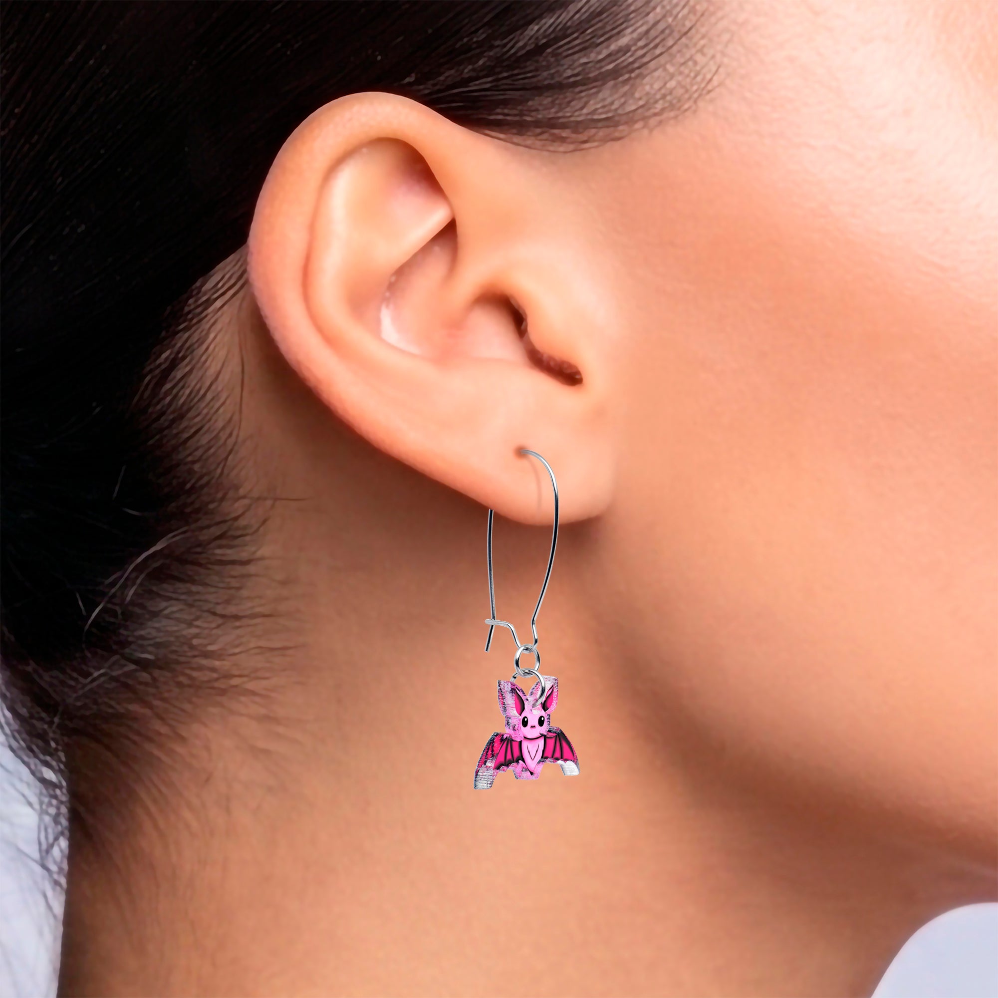 Pretty in Pink Spooky Bat Acrylic Dangle Earrings by Onyx O