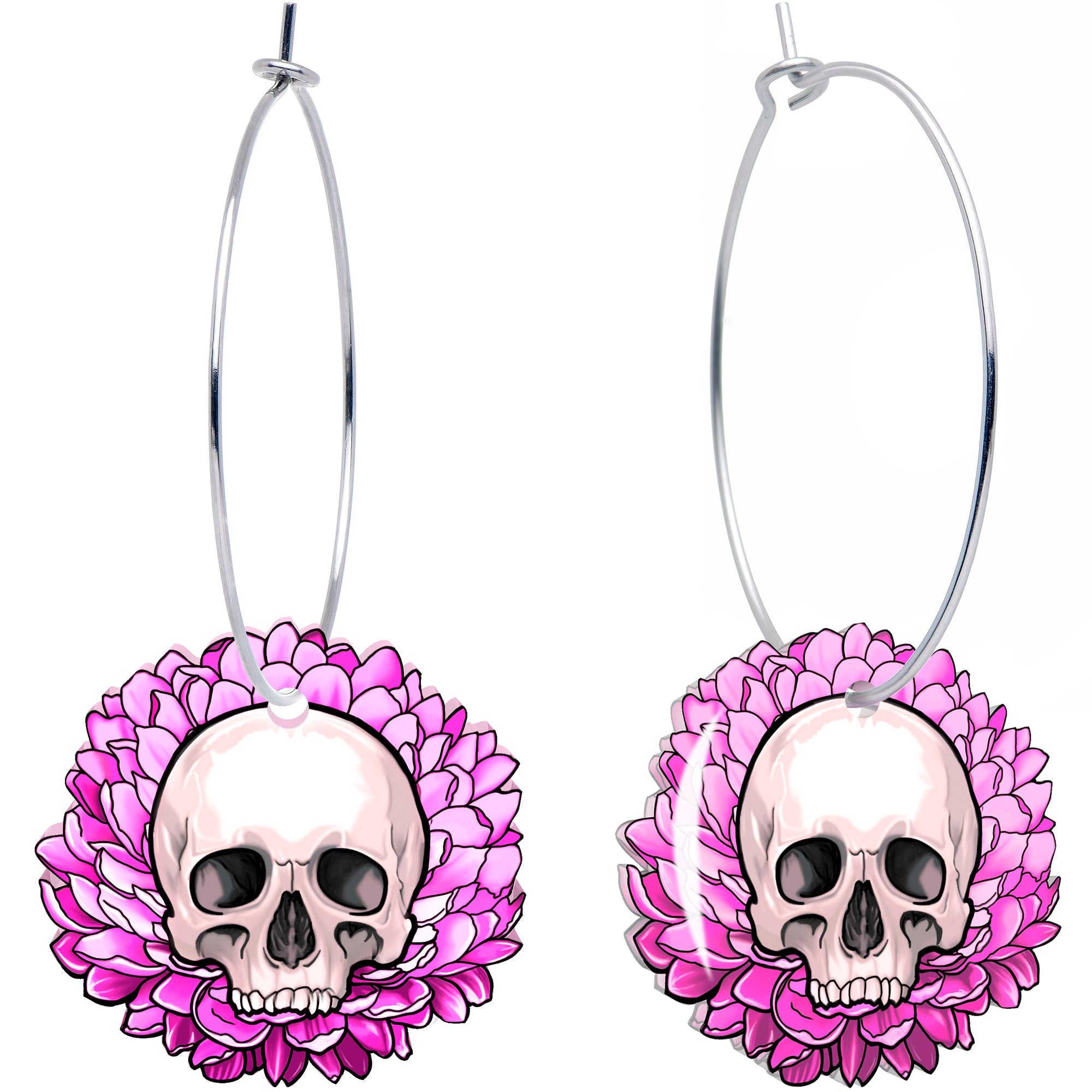 Blooming pink flower skull hoop earrings Onyx O