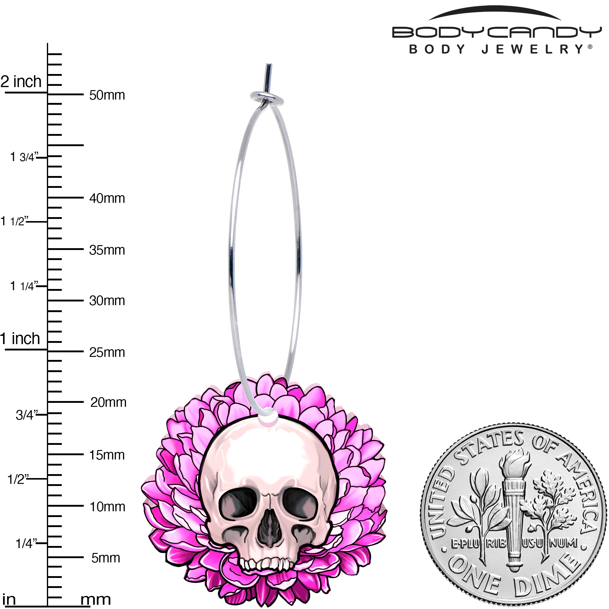 Pink floral skull hoop earrings handmade jewelry