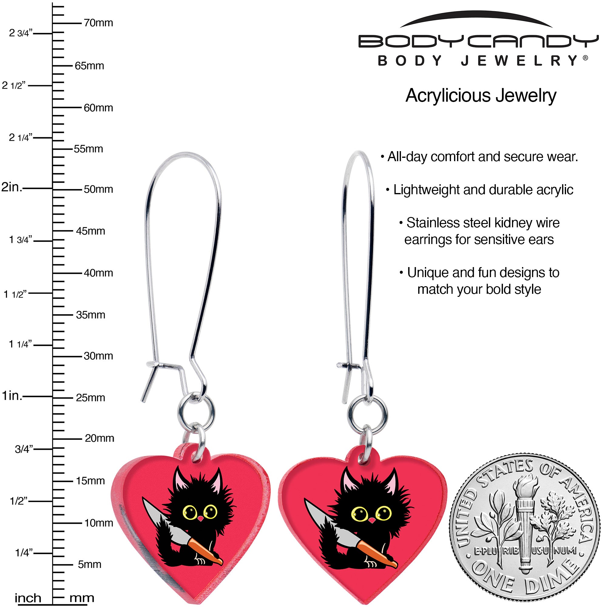 Staby Cat Heart Shaped Dangle Earrings Onyx O