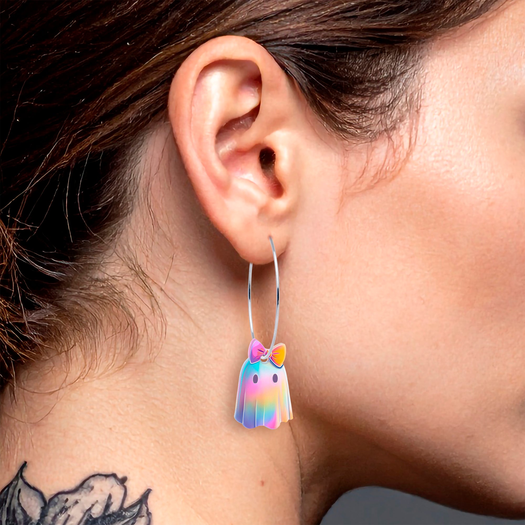 Onyx O colorful ghost girl hoop earrings
