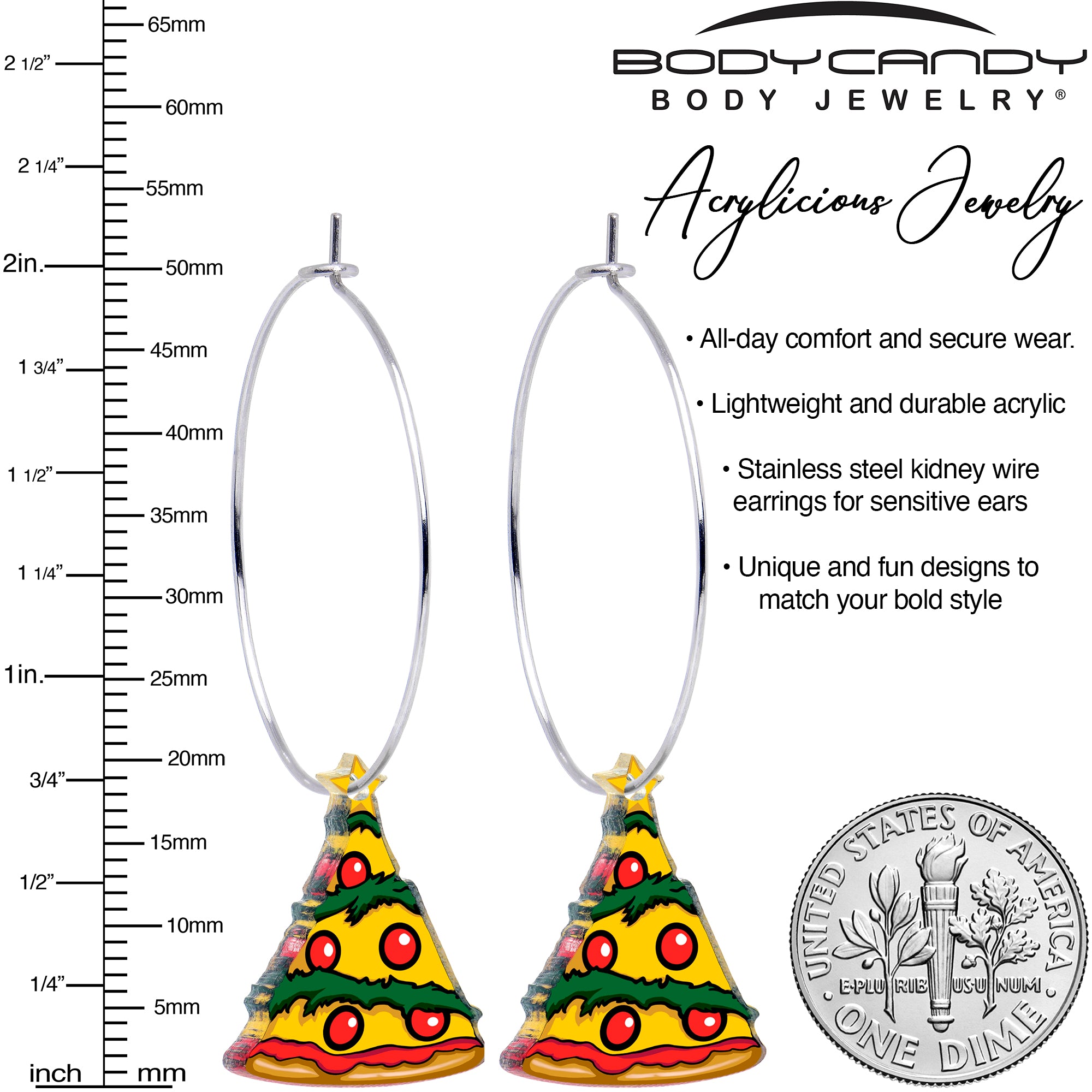 Festive pizza Christmas tree holiday hoop earrings