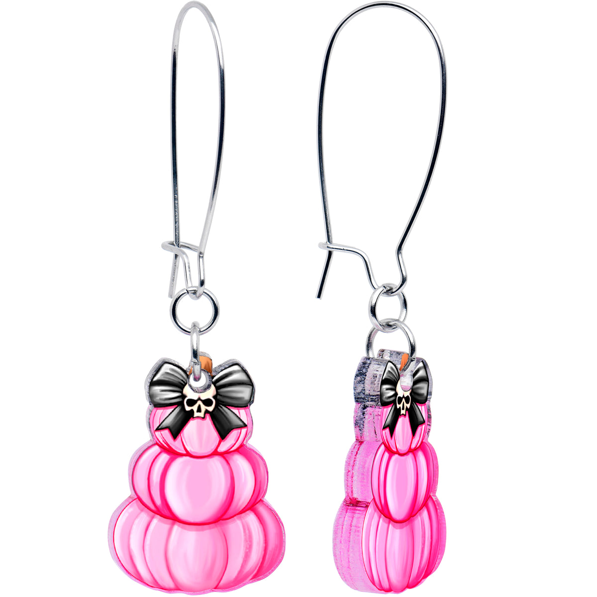 Pretty in Pink Skull Bow Pumpkin Stack Acrylic Dangle Earrings by Onyx O