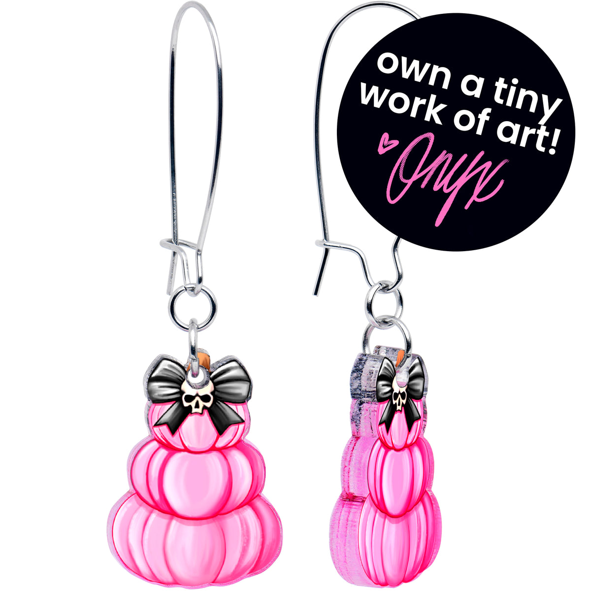 Pretty in Pink Skull Bow Pumpkin Stack Acrylic Dangle Earrings by Onyx O