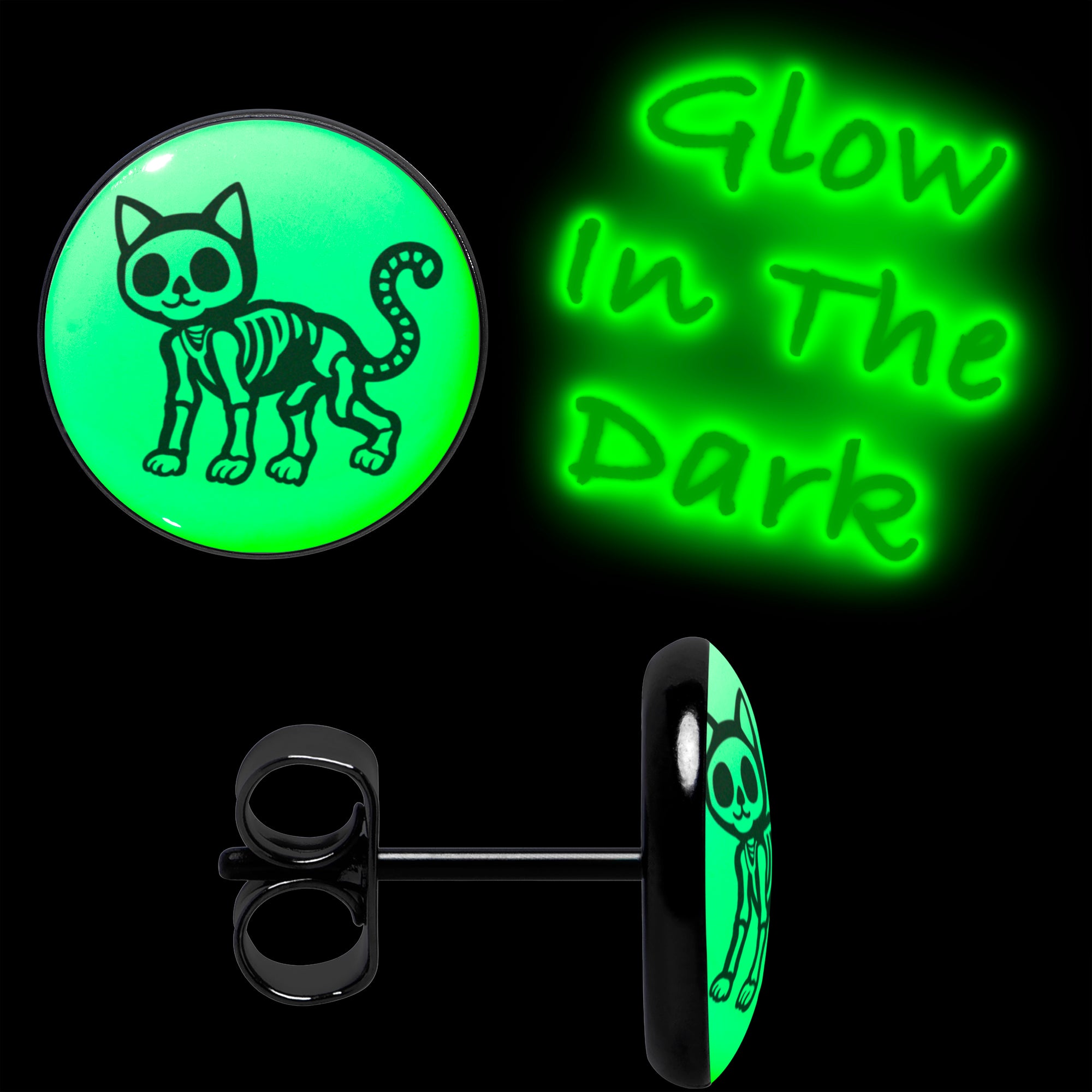 Cute skeleton kitty cat stud earrings with glow in the dark desig
