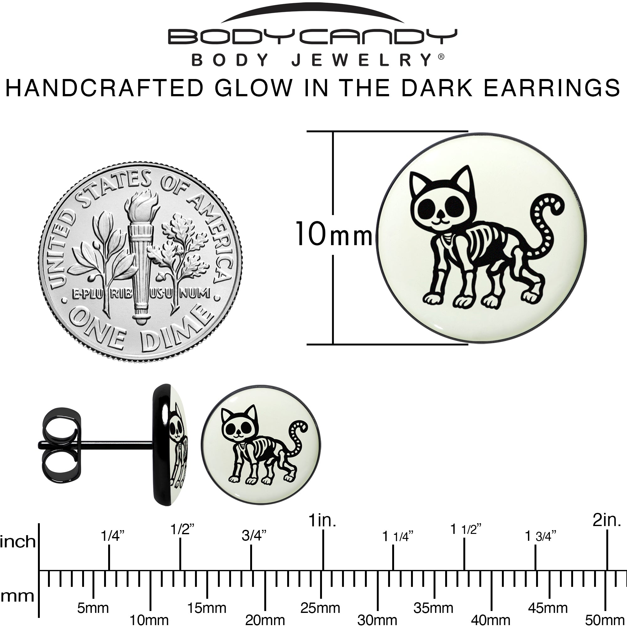 Black anodized kitty cat stud earrings that glow in the dark