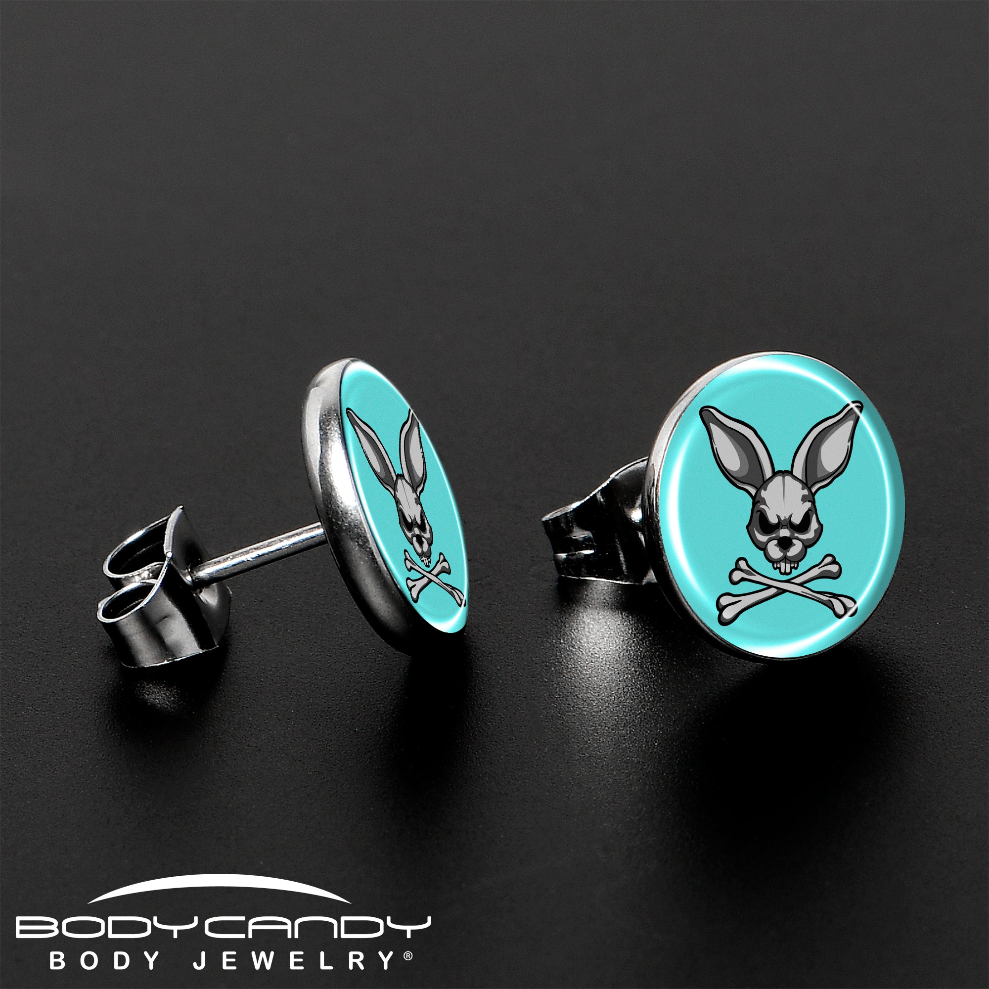 Bunny and crossbones design silver stud earrings