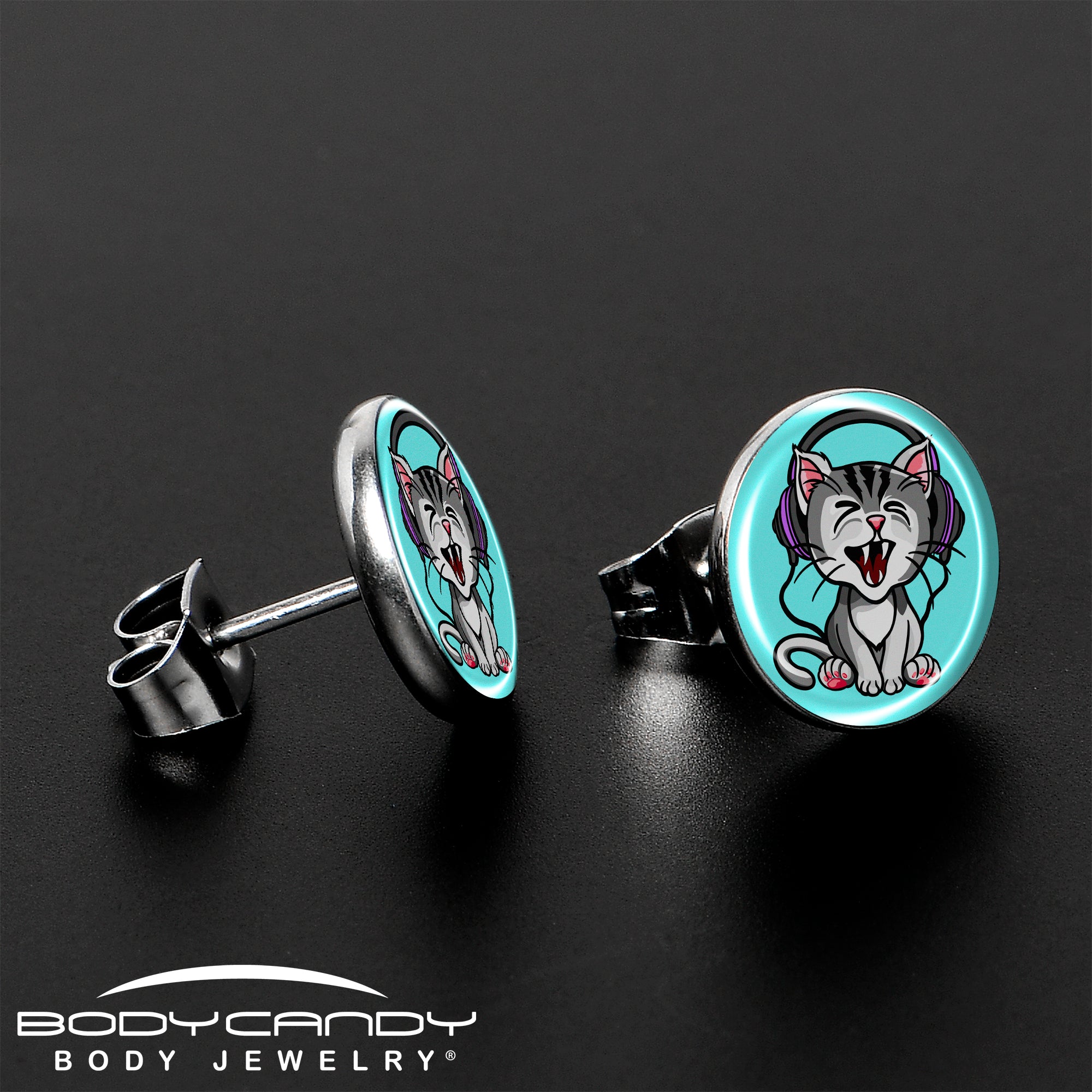 Heavy Metal Kitty Cat Stainless Steel Stud Earrings stylish jewelry