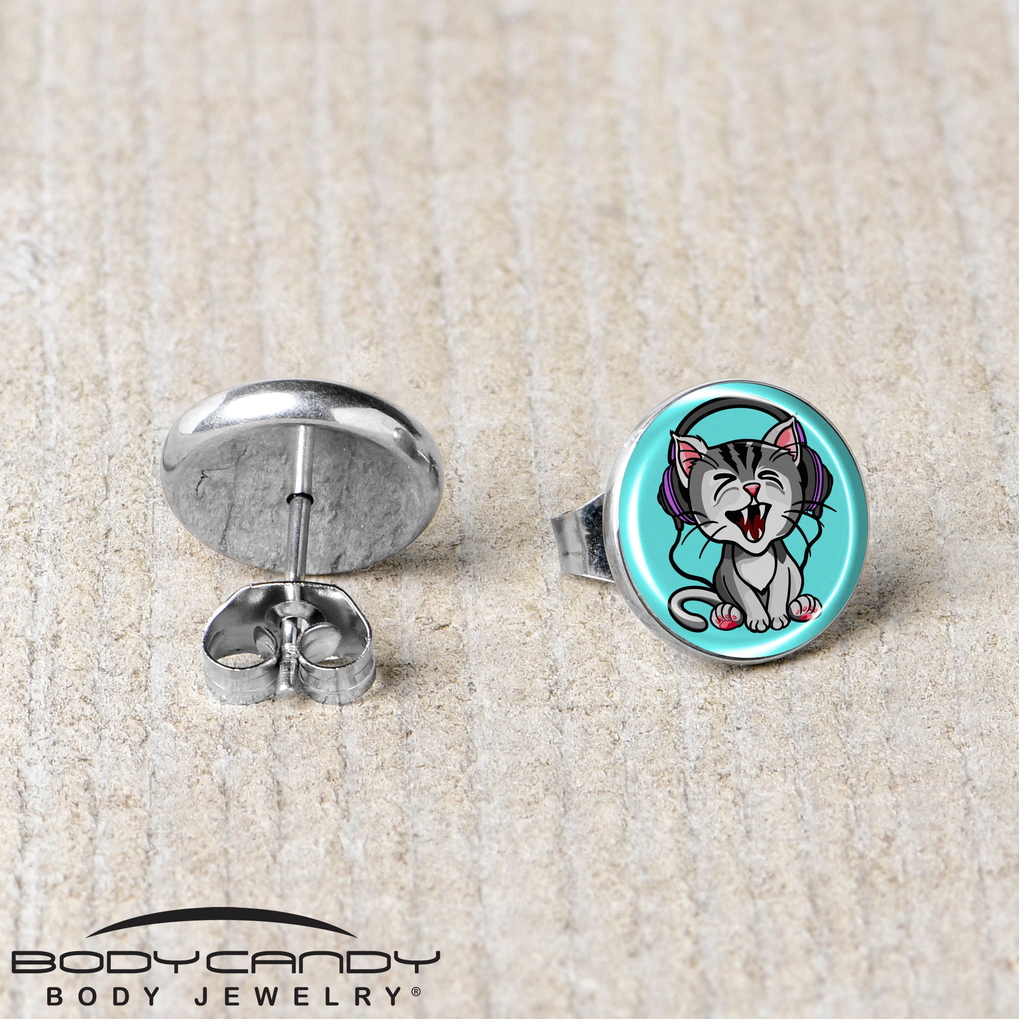 Heavy Metal Kitty Cat Stainless Steel Stud Earrings stainless steel hypoallergenic