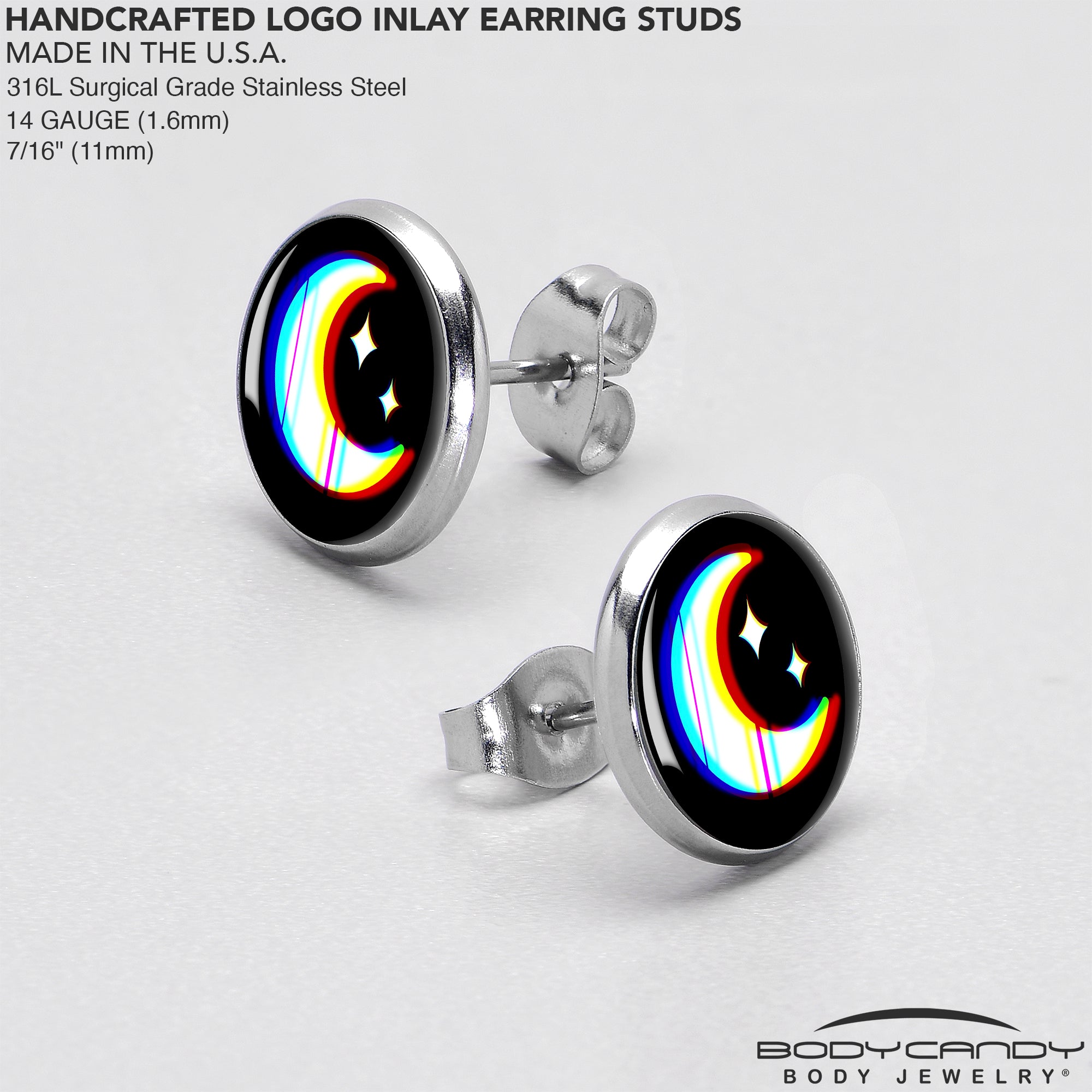 Chromatic Moon Stainless Steel Stud Earrings custom design option