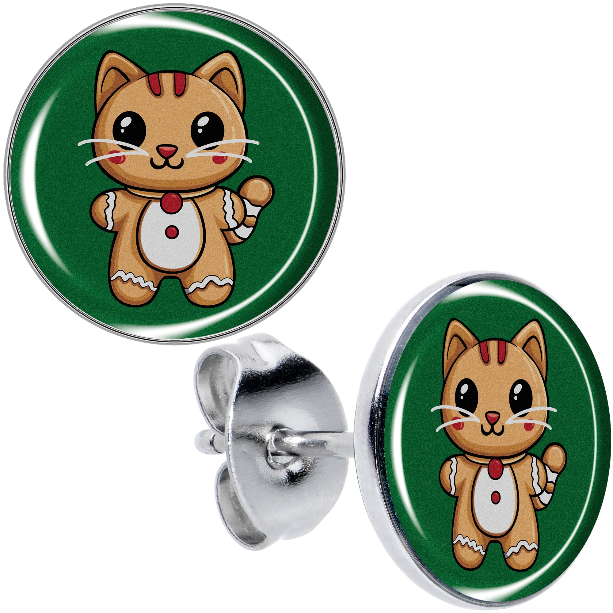 Christmas Holiday Gingerbread Kitty Cat Stud Earrings