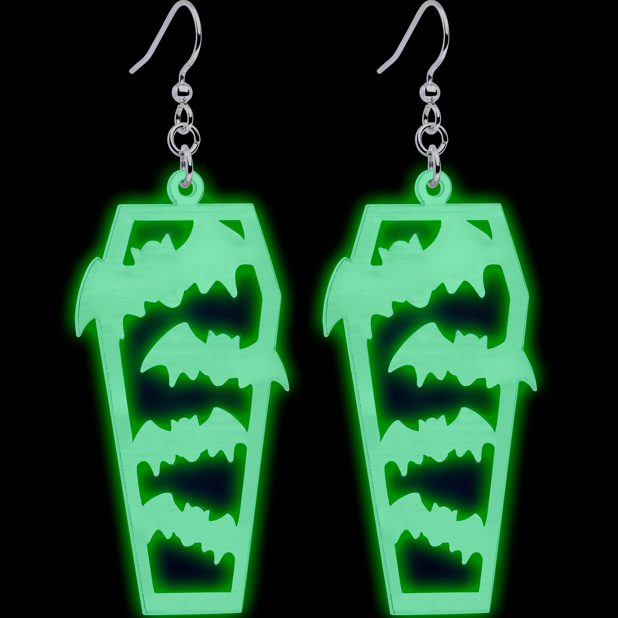 Onyx O Coffin Dangle Earrings Glow in the Dark