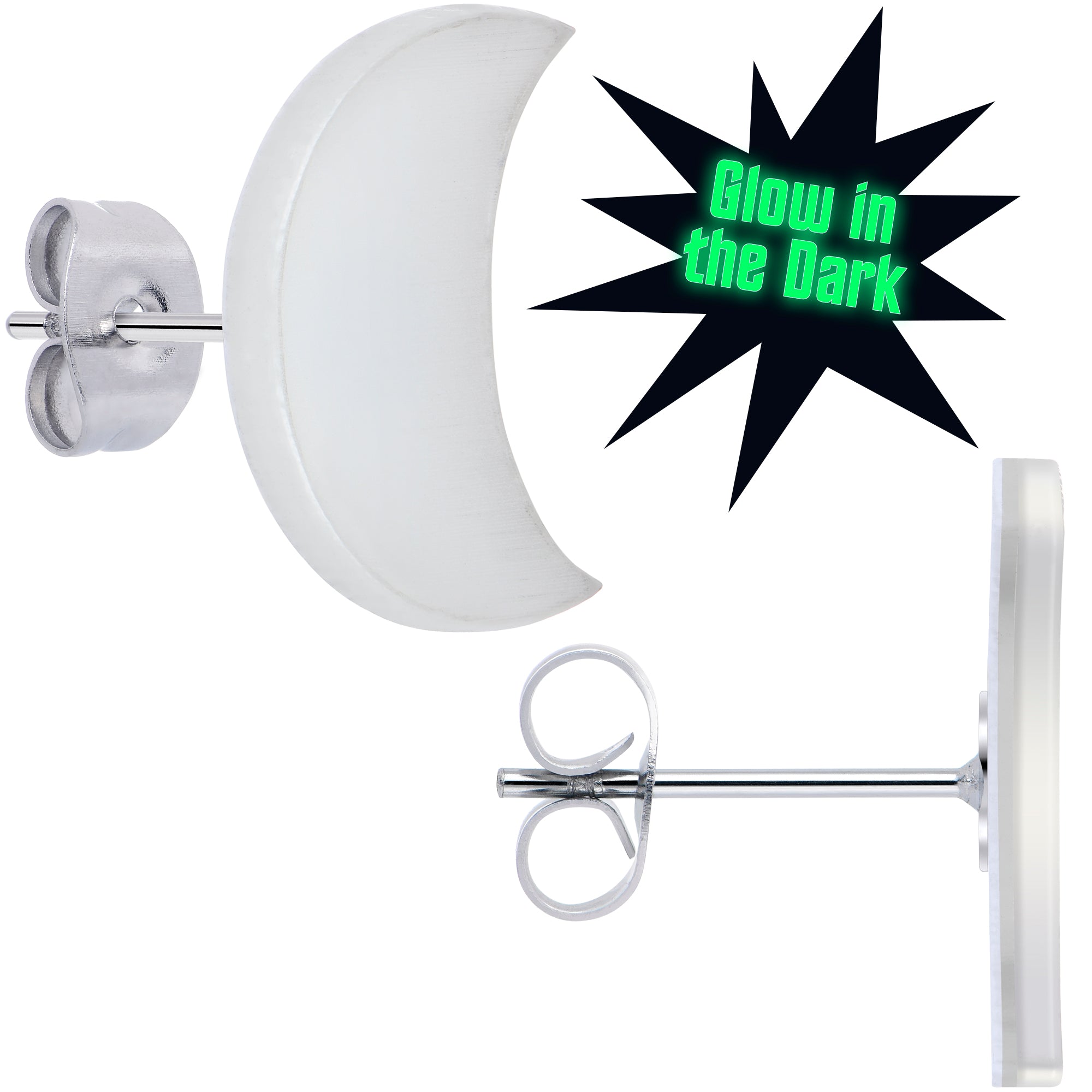 Glow in the Dark Crescent Moon Stud Earrings