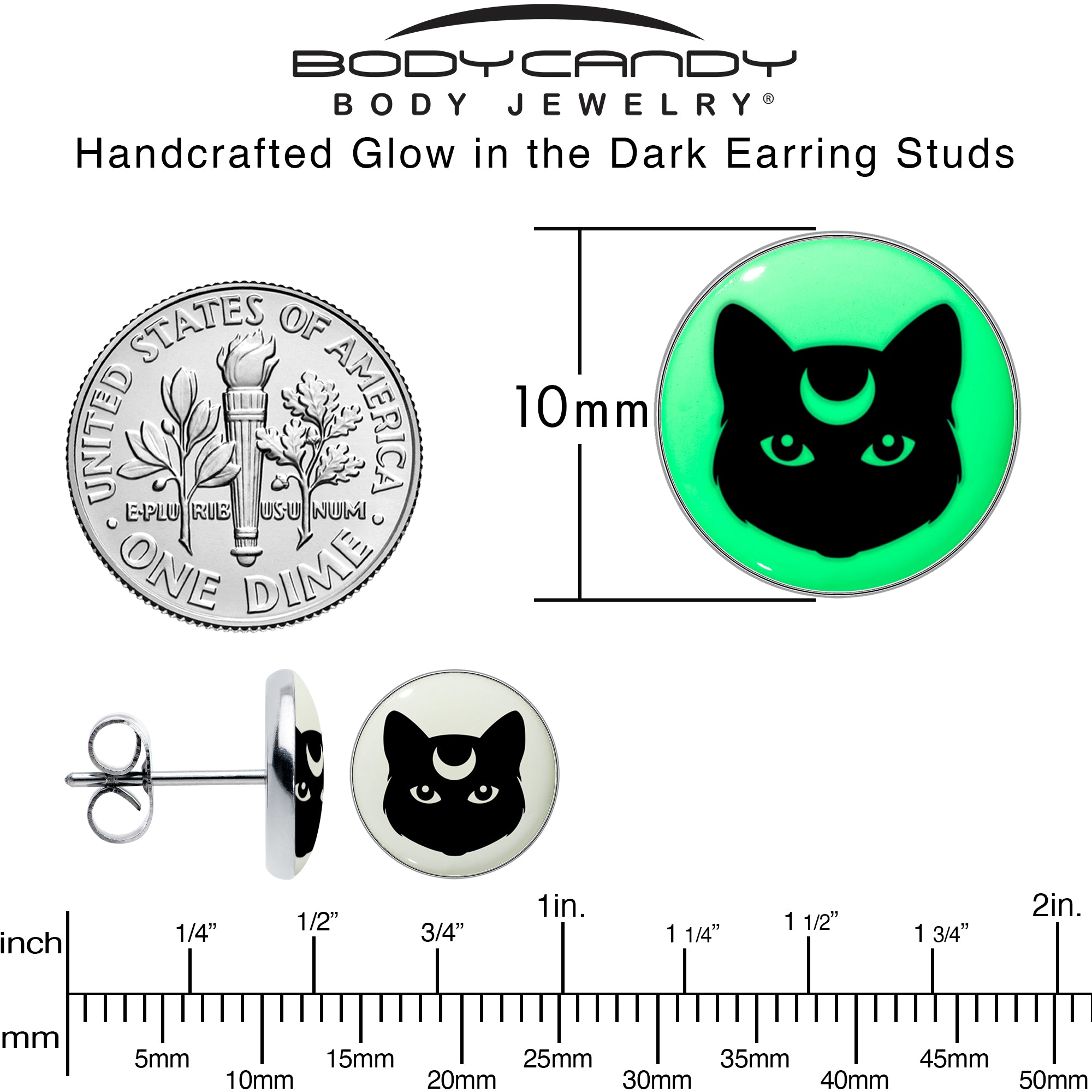 Mystic Kitty Cat Glow in the Dark Stainless Steel Stud Earrings perfect for sensitive ears