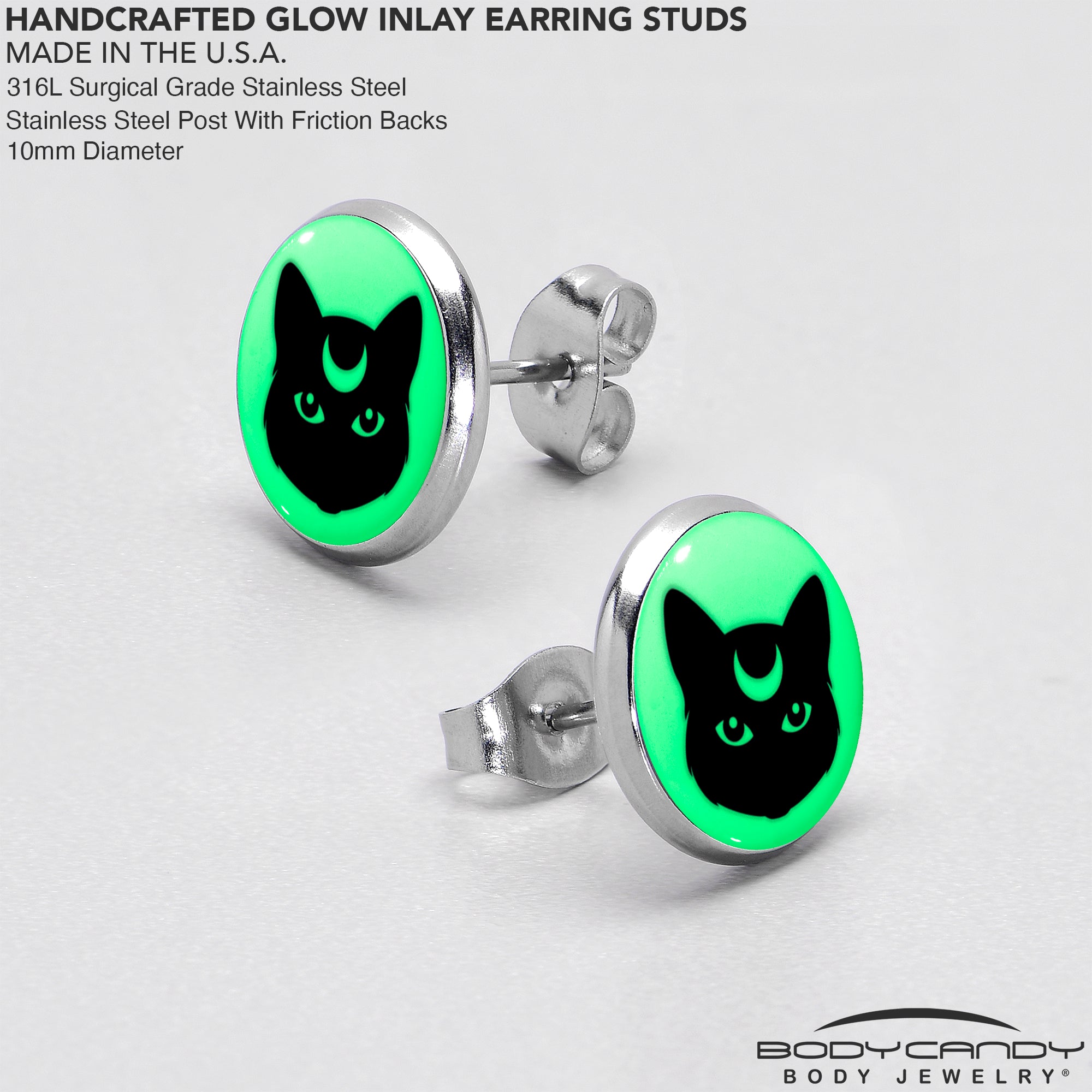 Mystic Kitty Cat Glow in the Dark Stainless Steel Stud Earrings custom design option