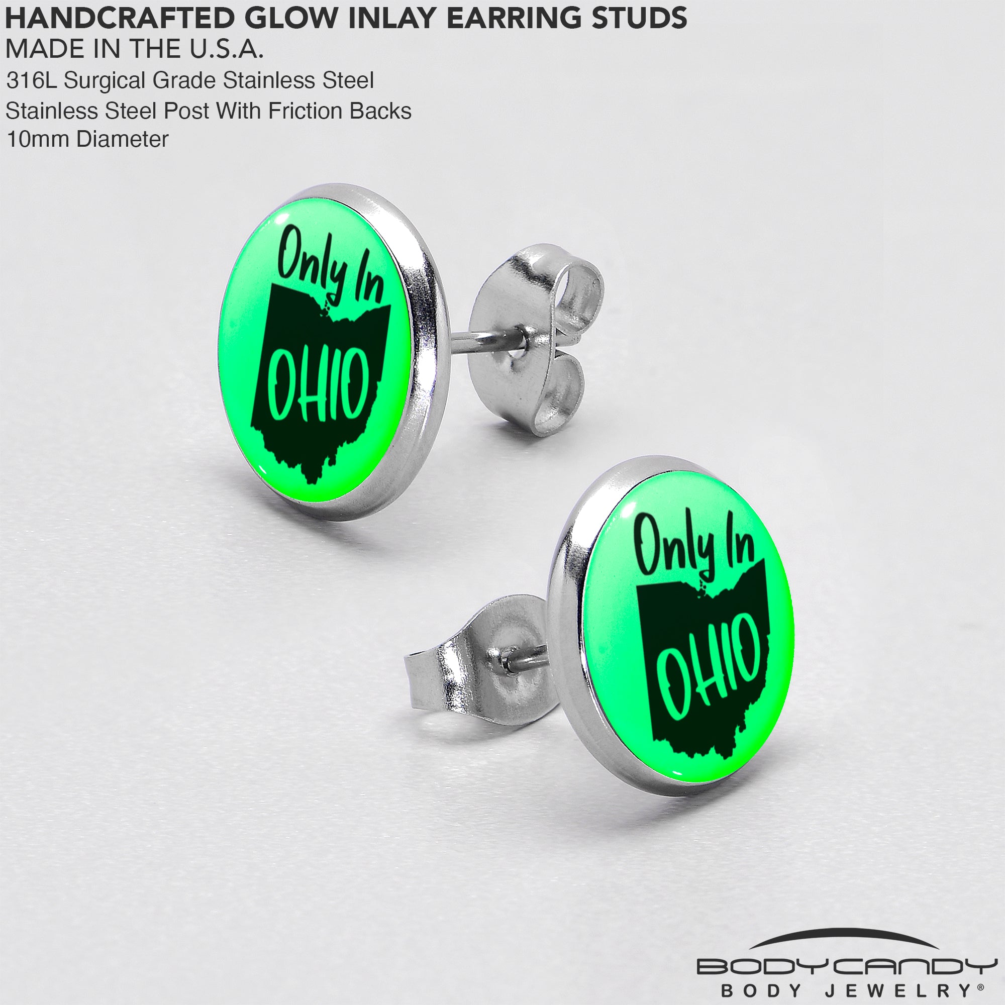 Only in Ohio Glow in the Dark Stainless Steel Stud Earrings custom design option