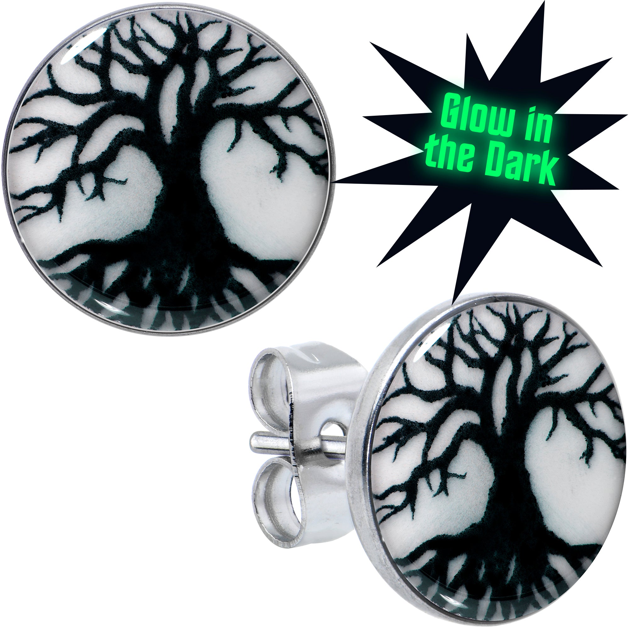 Stainless Steel Tree of Life Glow in the Dark Hypoallergenic Stainless Steel Stud Earrings