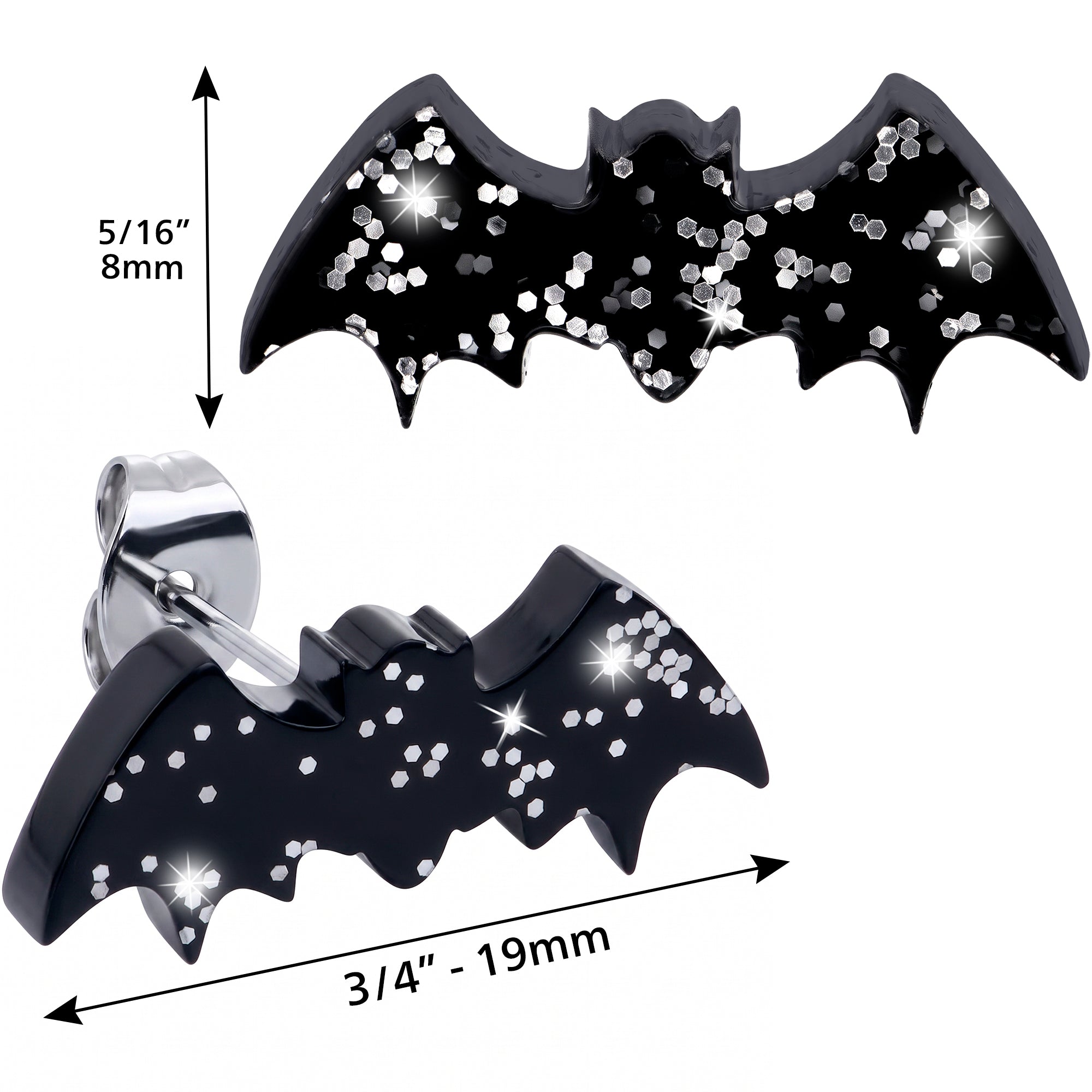 Stardust Glitter Bat Acrylic Stud Earrings - Hypoallergenic