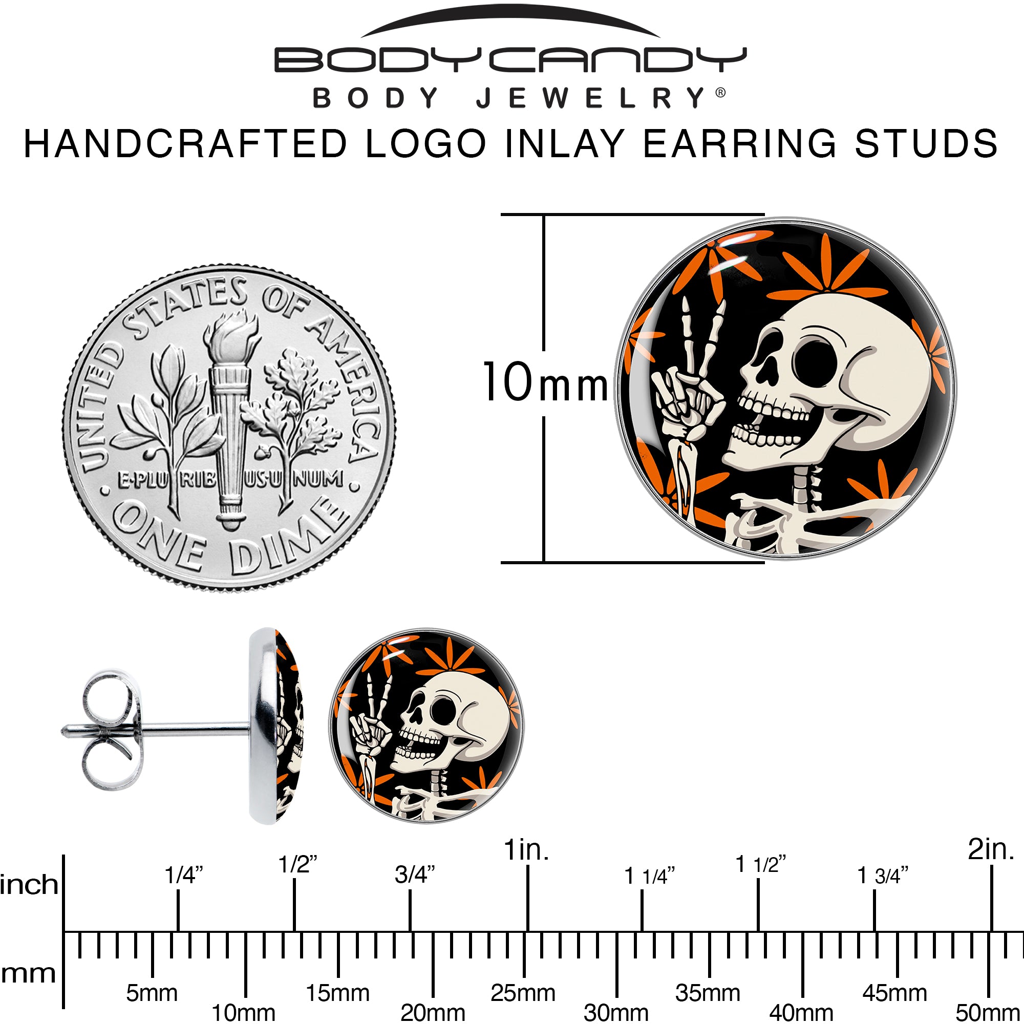 Small peace sign earrings with skeleton accents in a classic stud style