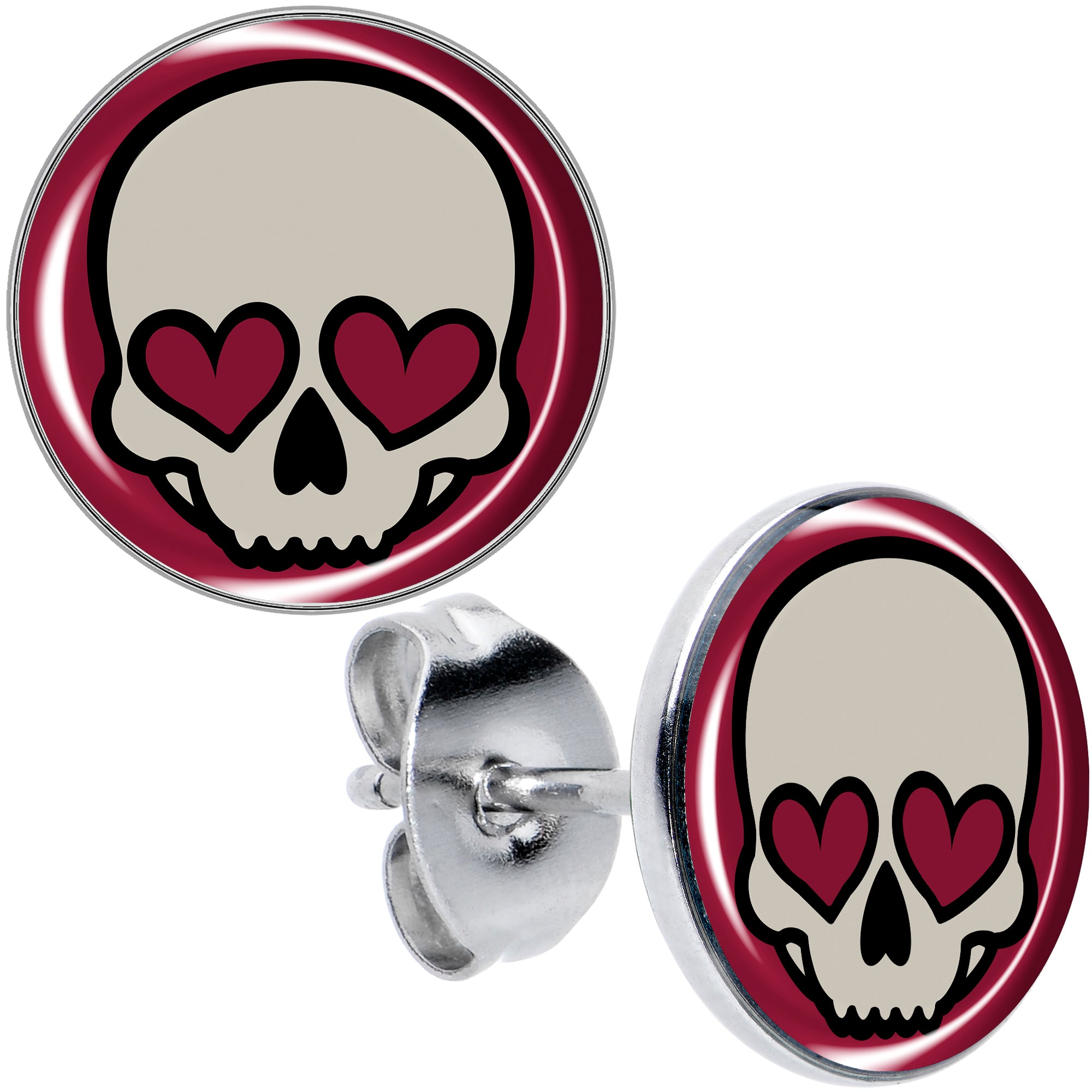 Valentine heart skull stud earrings