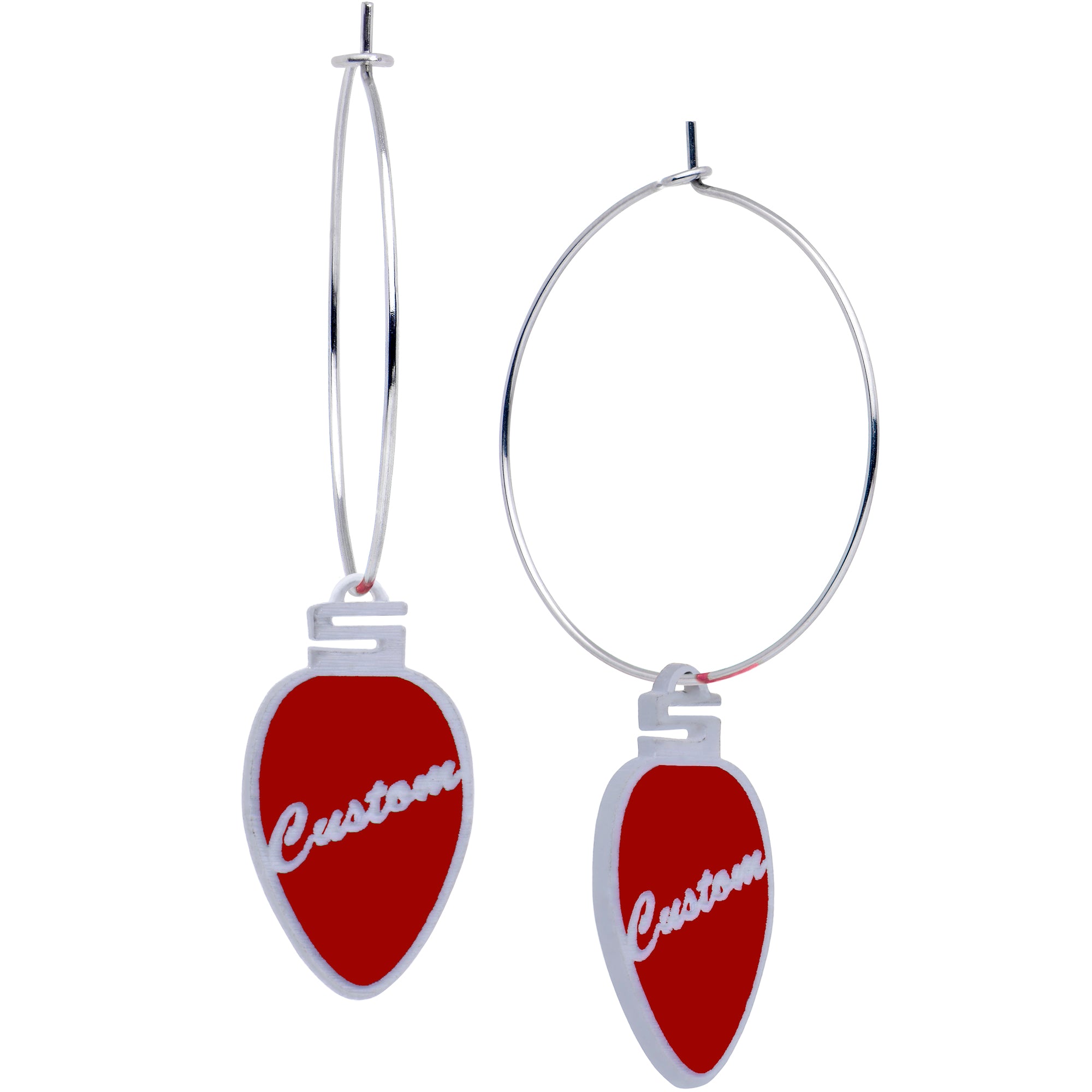 Custom red holiday ornament hoop earrings