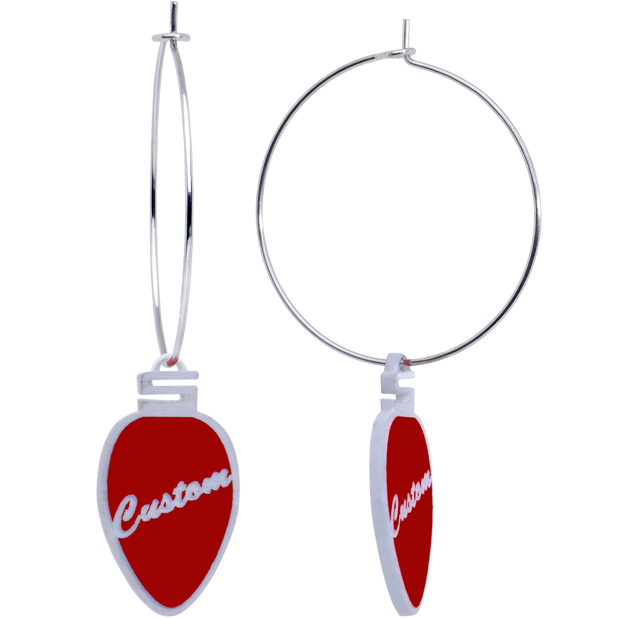 Holiday-themed red ornament hoop earrings