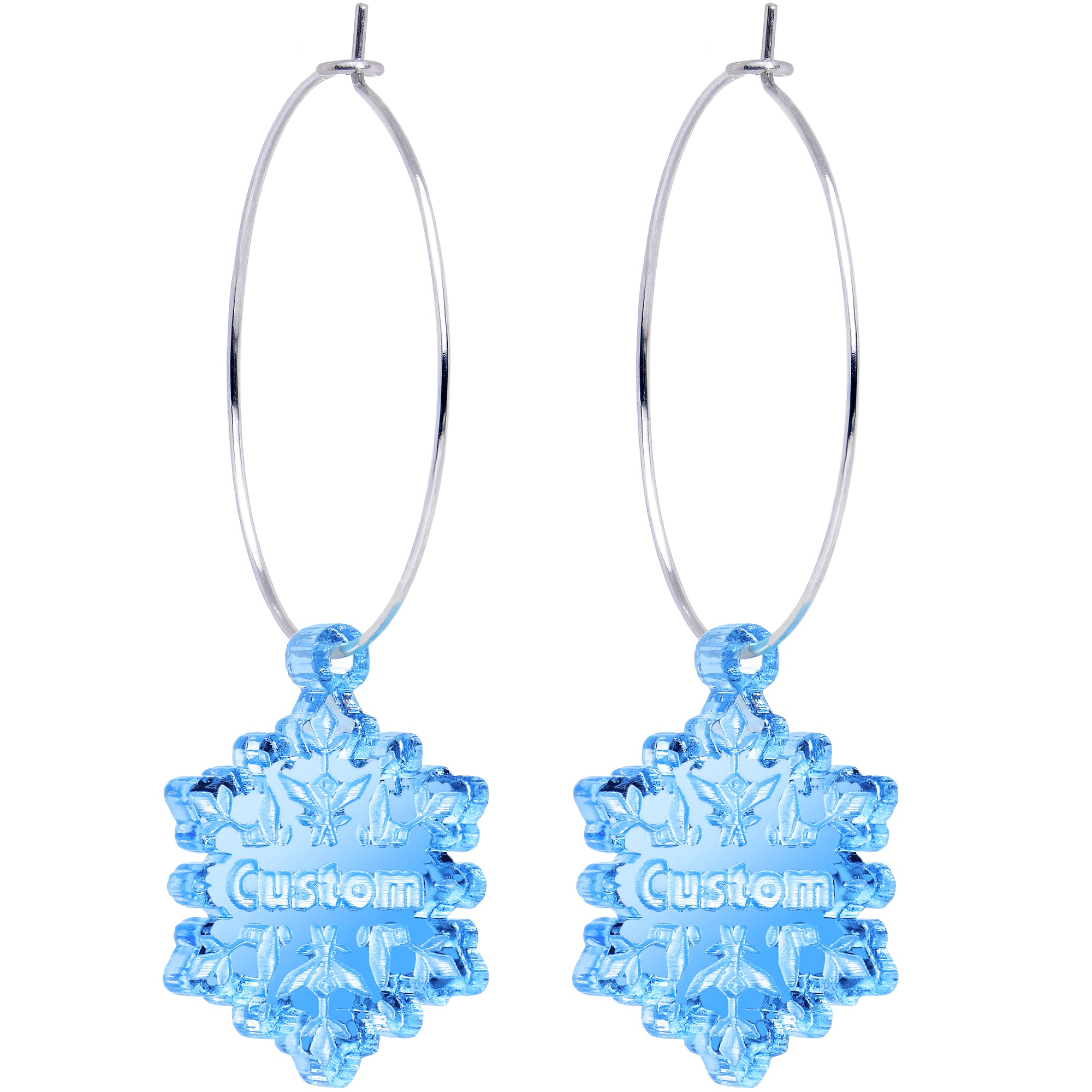 Custom blue winter snowflake hoop earrings