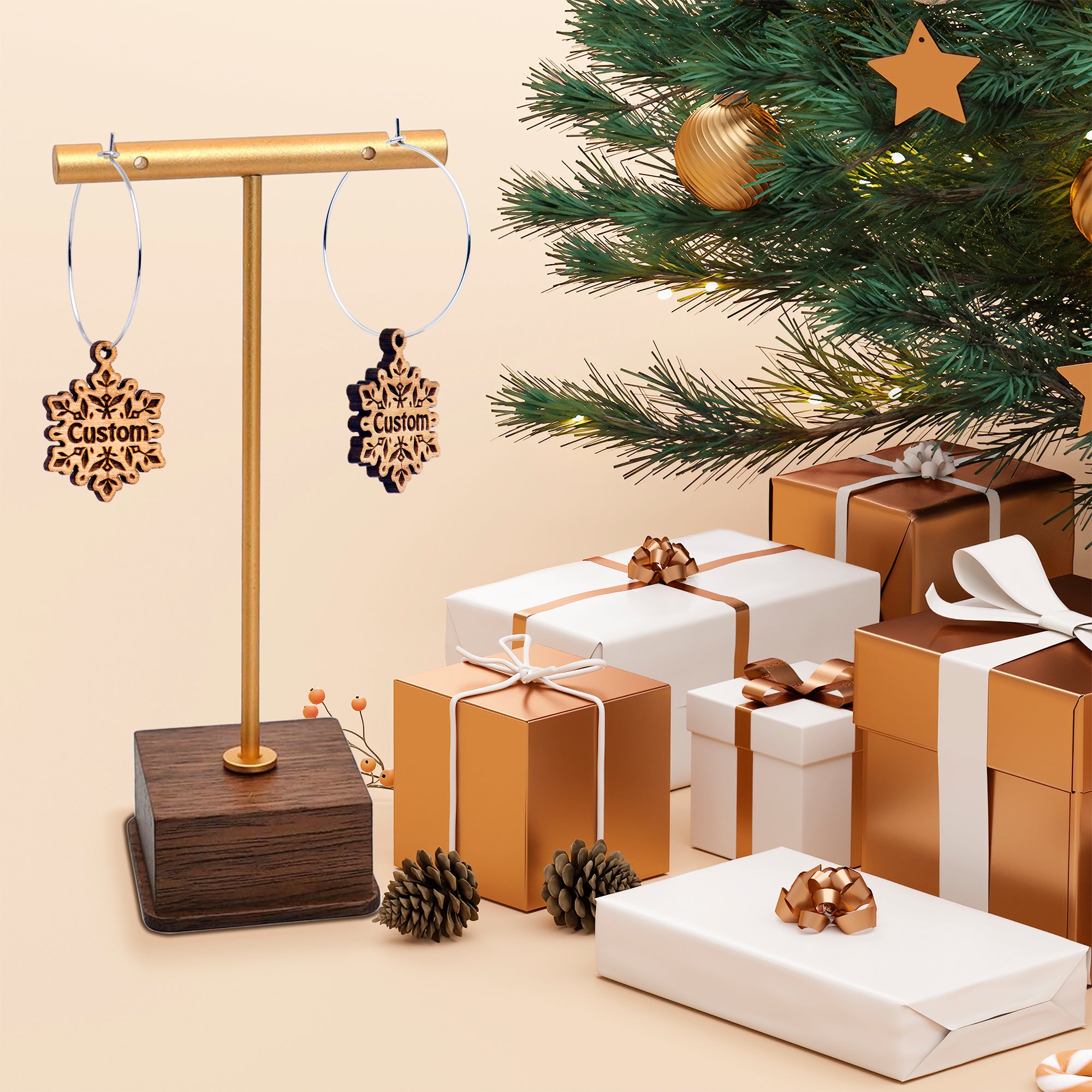 Natural wood hoop earrings with snowflake design