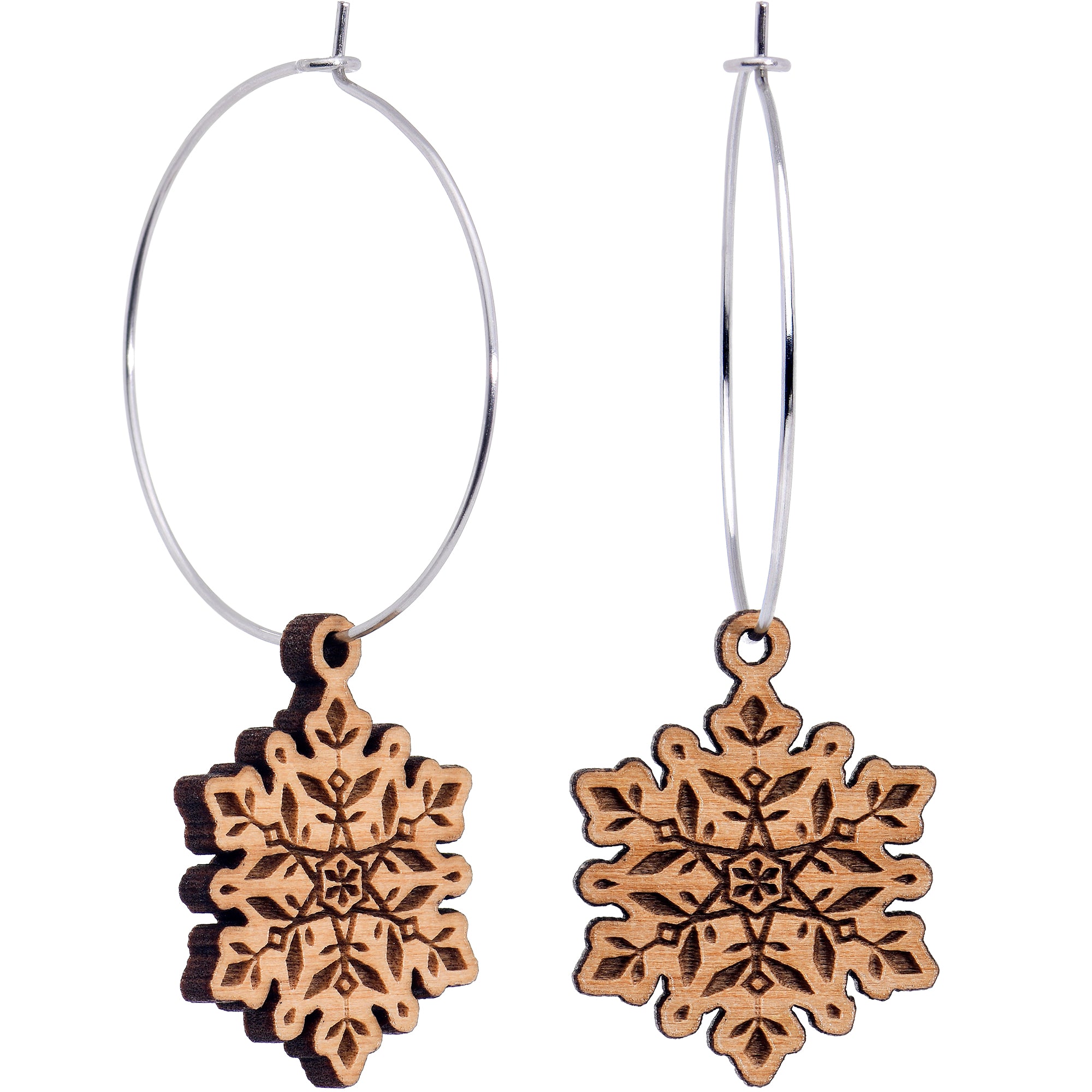 Natural wood snowflake hoop earrings