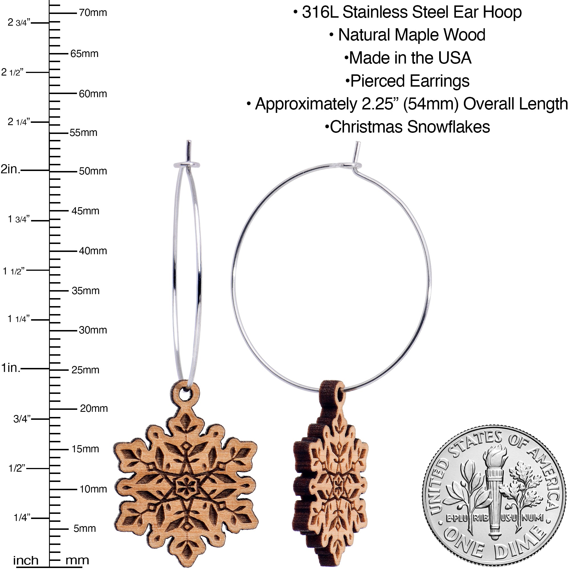 Hypoallergenic wood snowflake hoop earrings