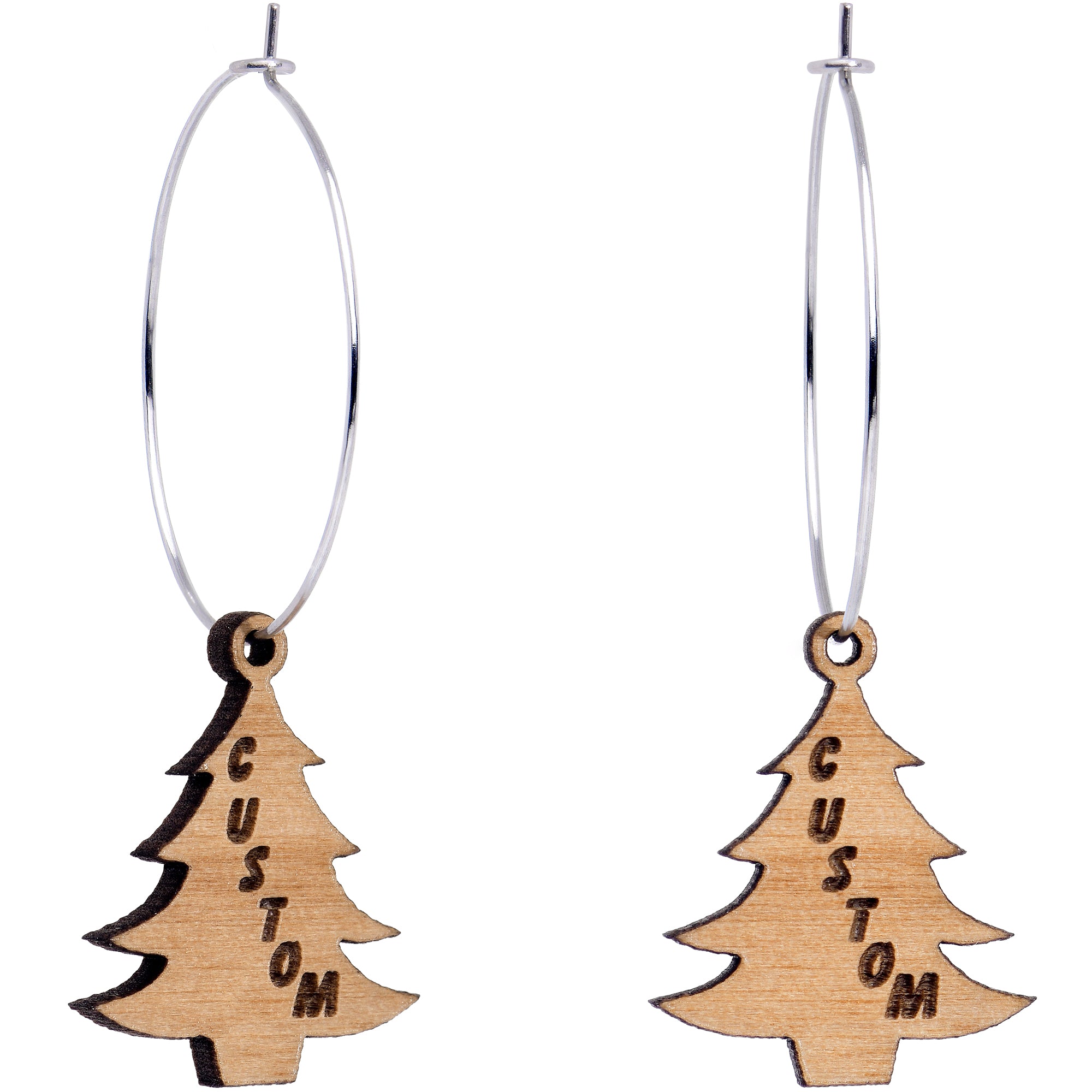 custom natural wood Christmas tree earrings