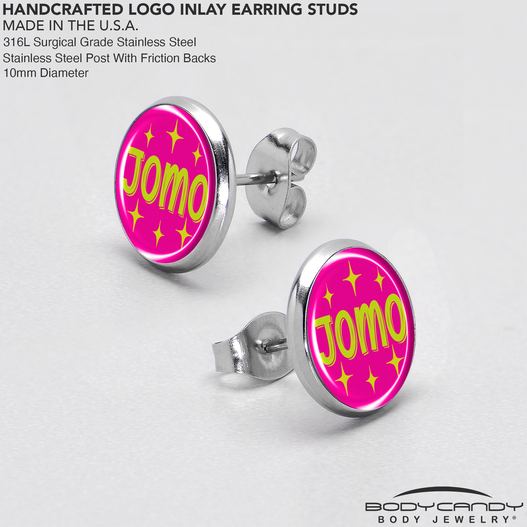 Pink JOMO Stainless Steel Stud Earrings custom design option