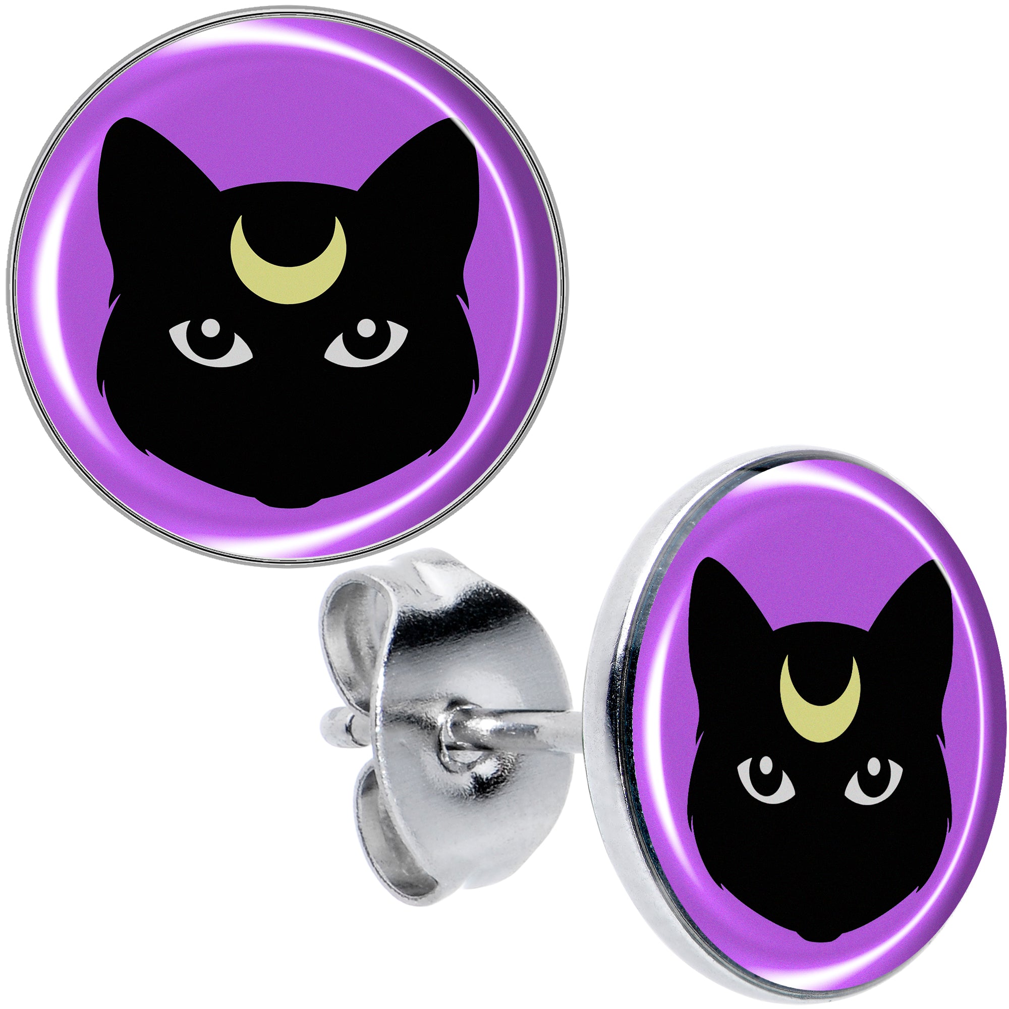 Black Mystic Kitty Cat Hypoallergenic Stainless Steel Stud Earrings