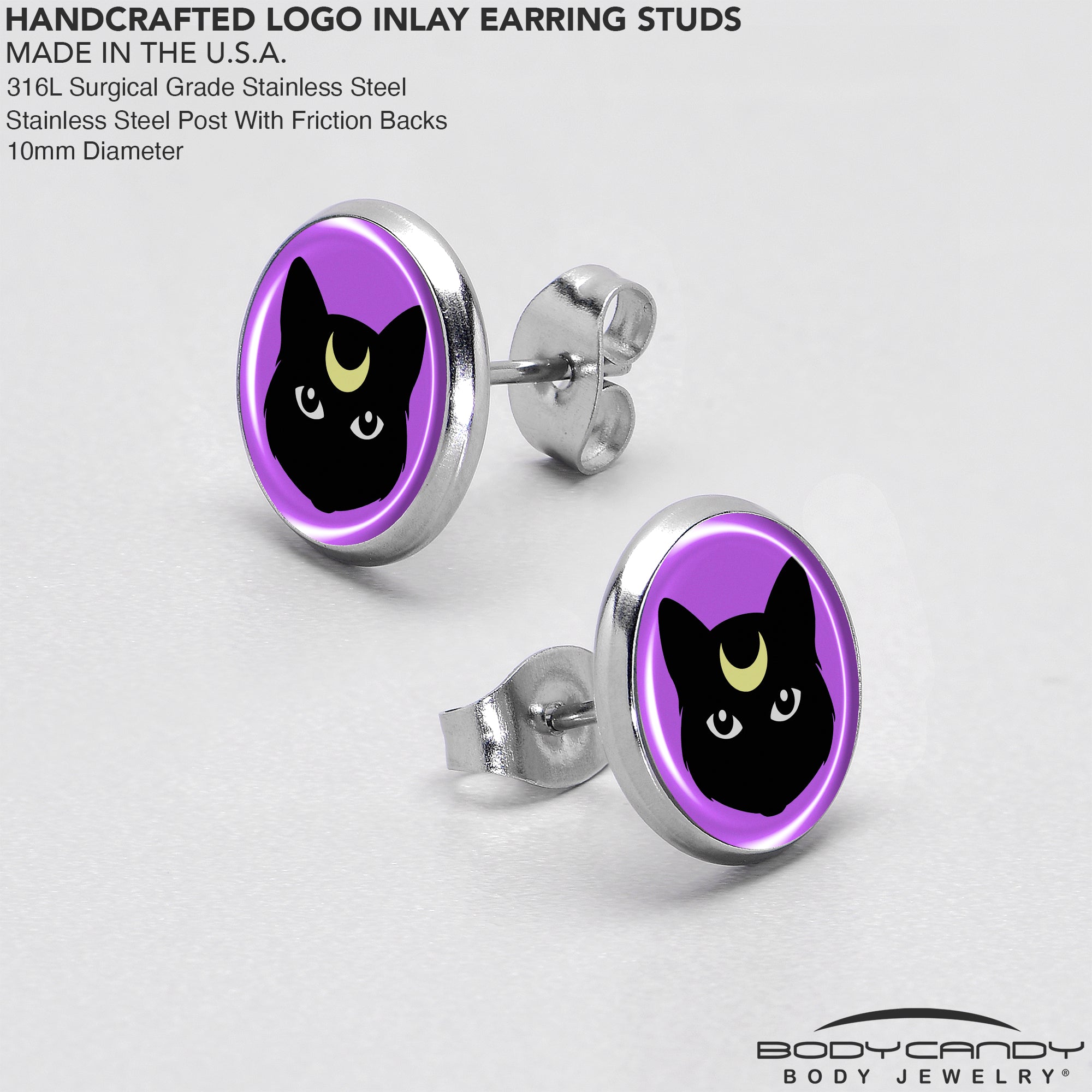 Black Mystic Kitty Cat Stainless Steel Stud Earrings custom design option