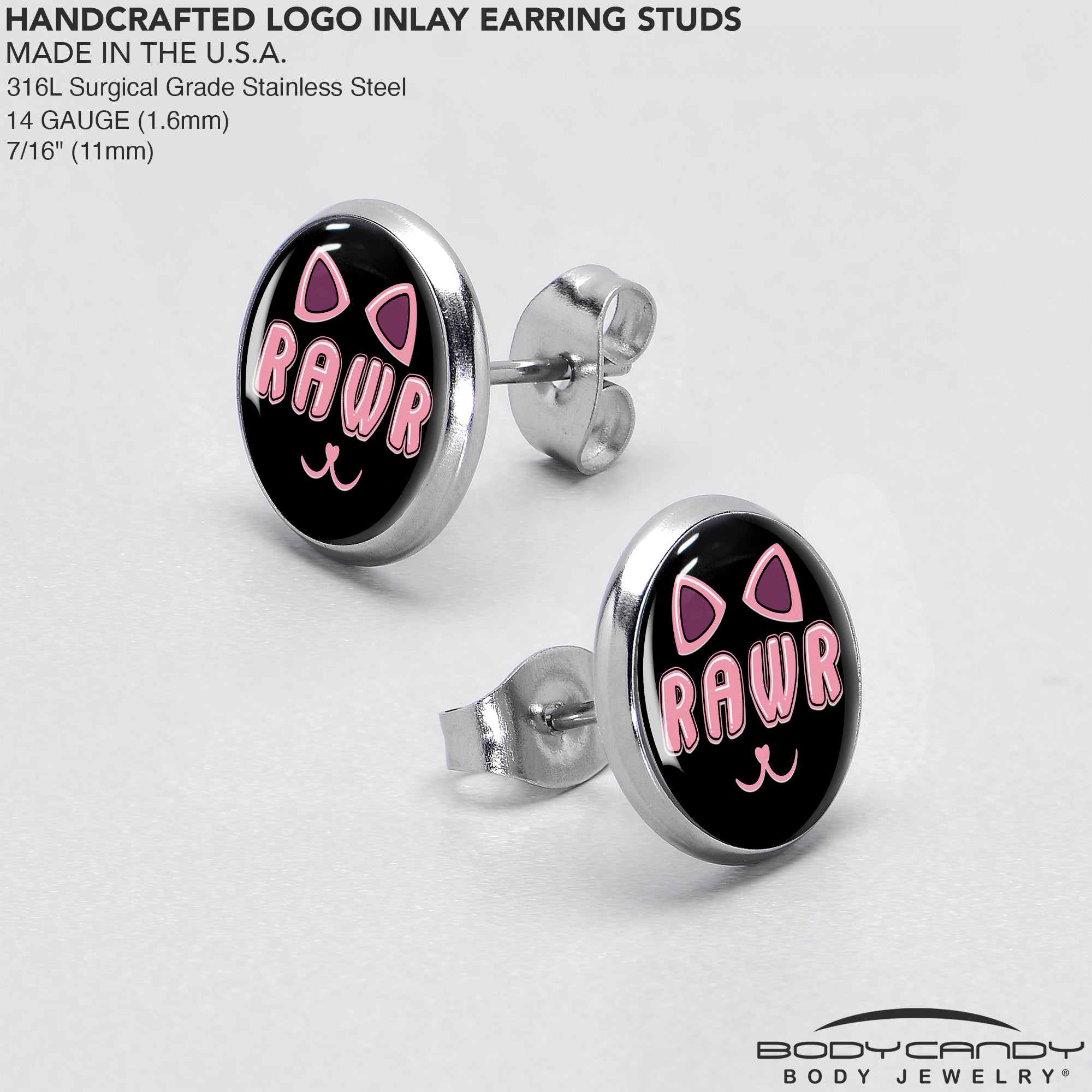 RAWR Kitty Cat Stainless Steel Stud Earrings custom design option