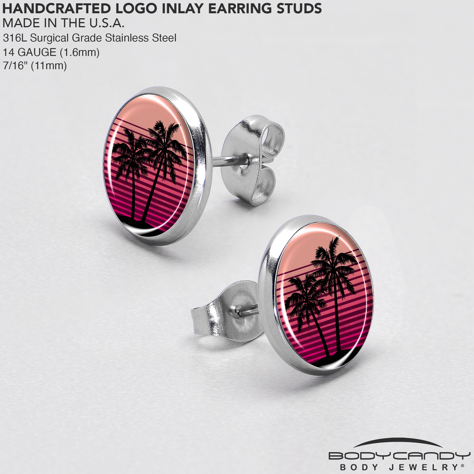 Palm Tree Retro Sunset Stainless Steel Stud Earrings custom design option