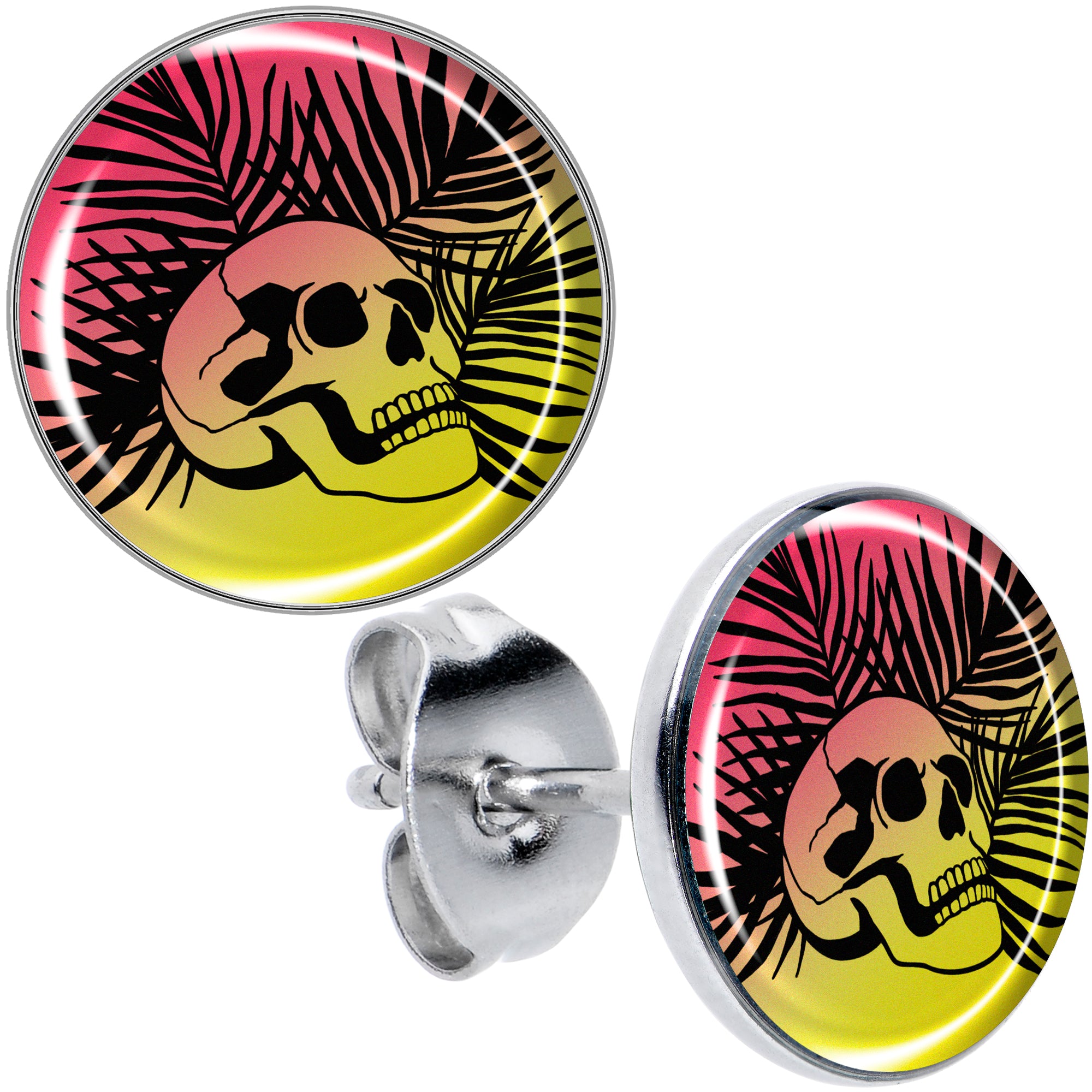 Red Haze Sunset Skull and Palms Hypoallergenic Stainless Steel Stud Earrings