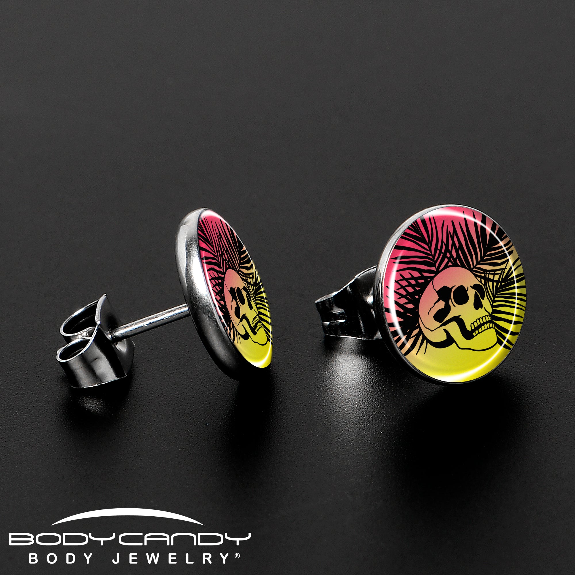 Red Haze Sunset Skull and Palms Stainless Steel Stud Earrings stylish jewelry