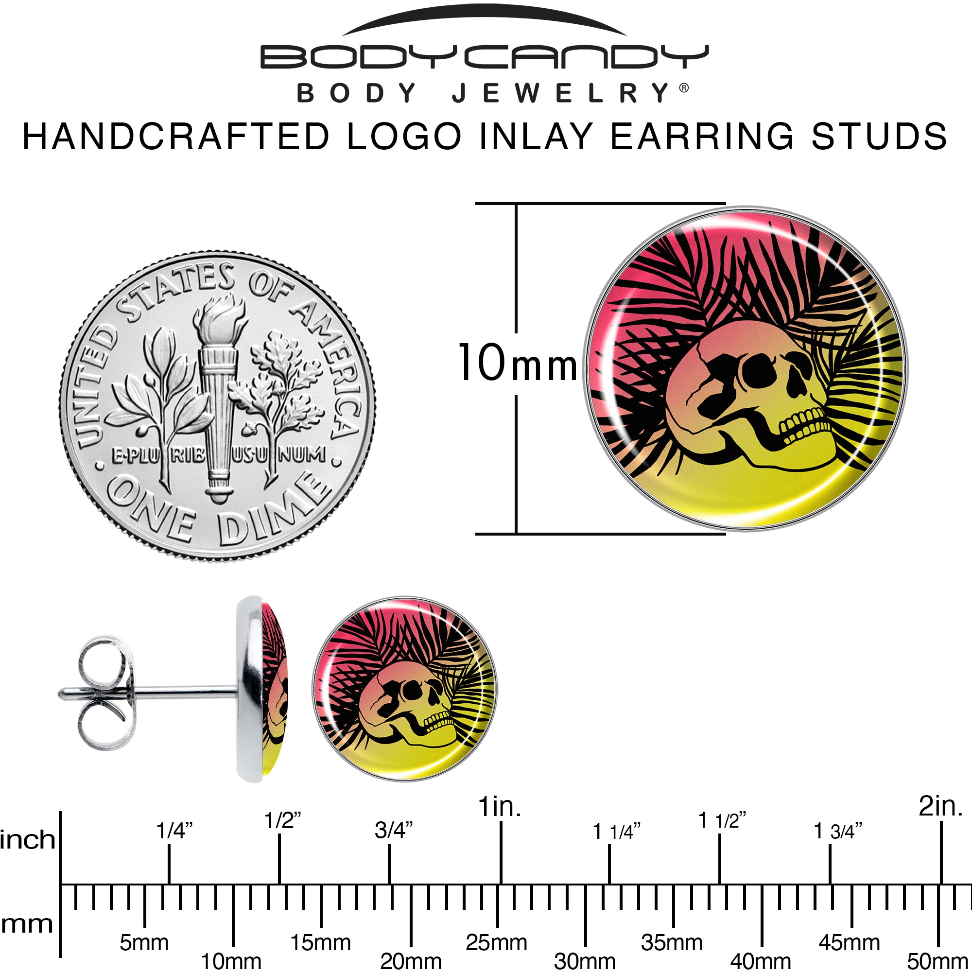 Red Haze Sunset Skull and Palms Stainless Steel Stud Earrings perfect for sensitive ears